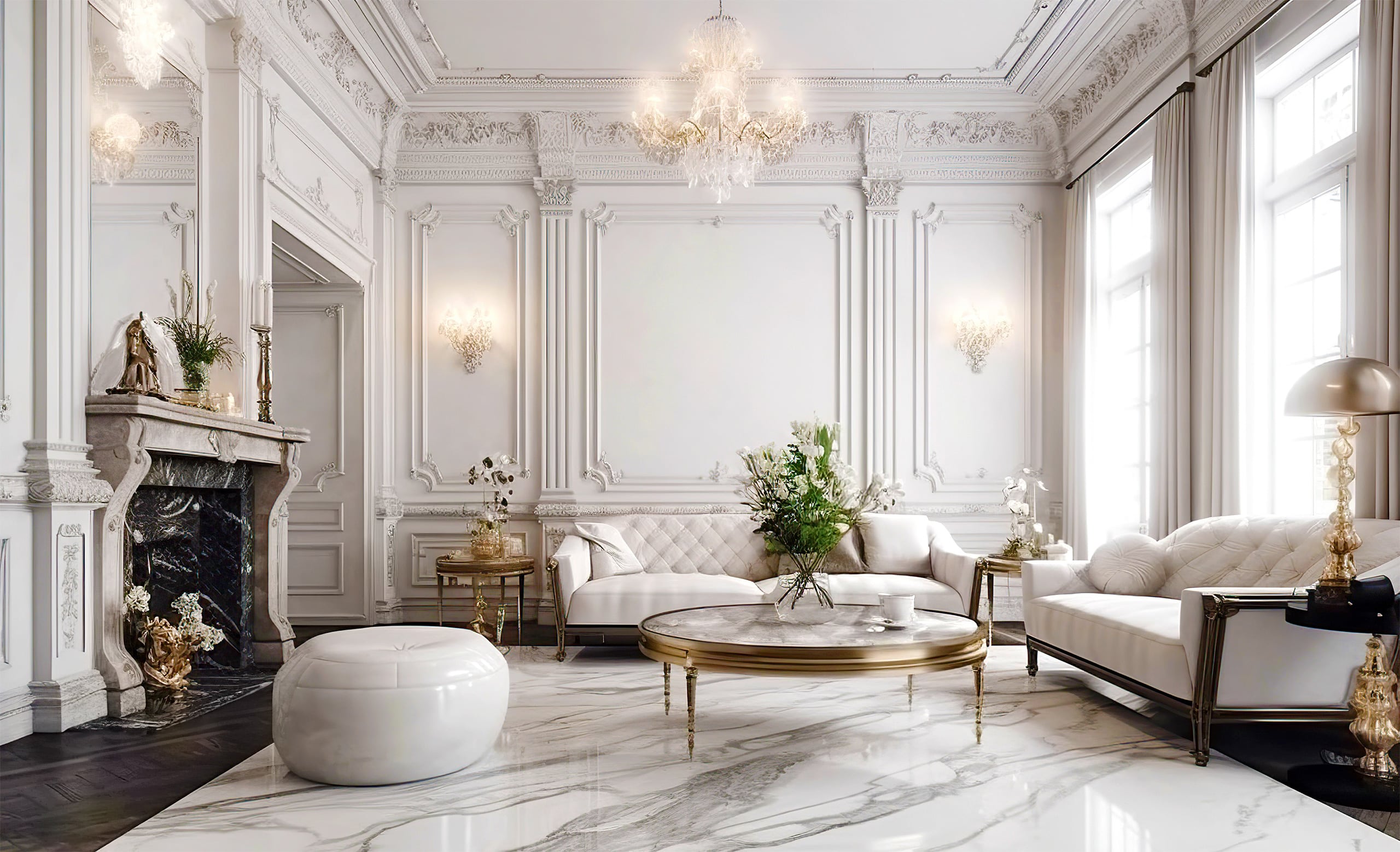 Klassische Inneneinrichtung eines eleganten, großzügigen Wohnzimmers mit Kamin, umrahmt von einem Marmorsims. Die weißen Wände sind aufwendig mit Stuck und Ornamenten verziert. Zwei weiße, elegante Sofas laden zum Verweilen ein. Am runden Wohnzimmertisch steht eine Vase mit frischen Schnittblumen. - KI-generiert