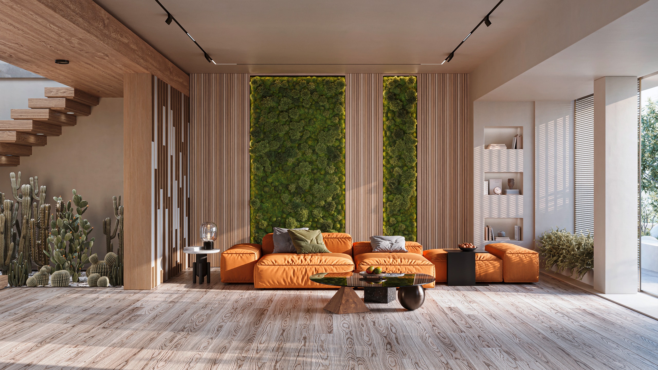 Vertikale Wandbegrünung bzw. Vertical Greening in Form einer hochformatigen Mooswand im modernen, großzügigen Wohnzimmer bei Tageslicht.