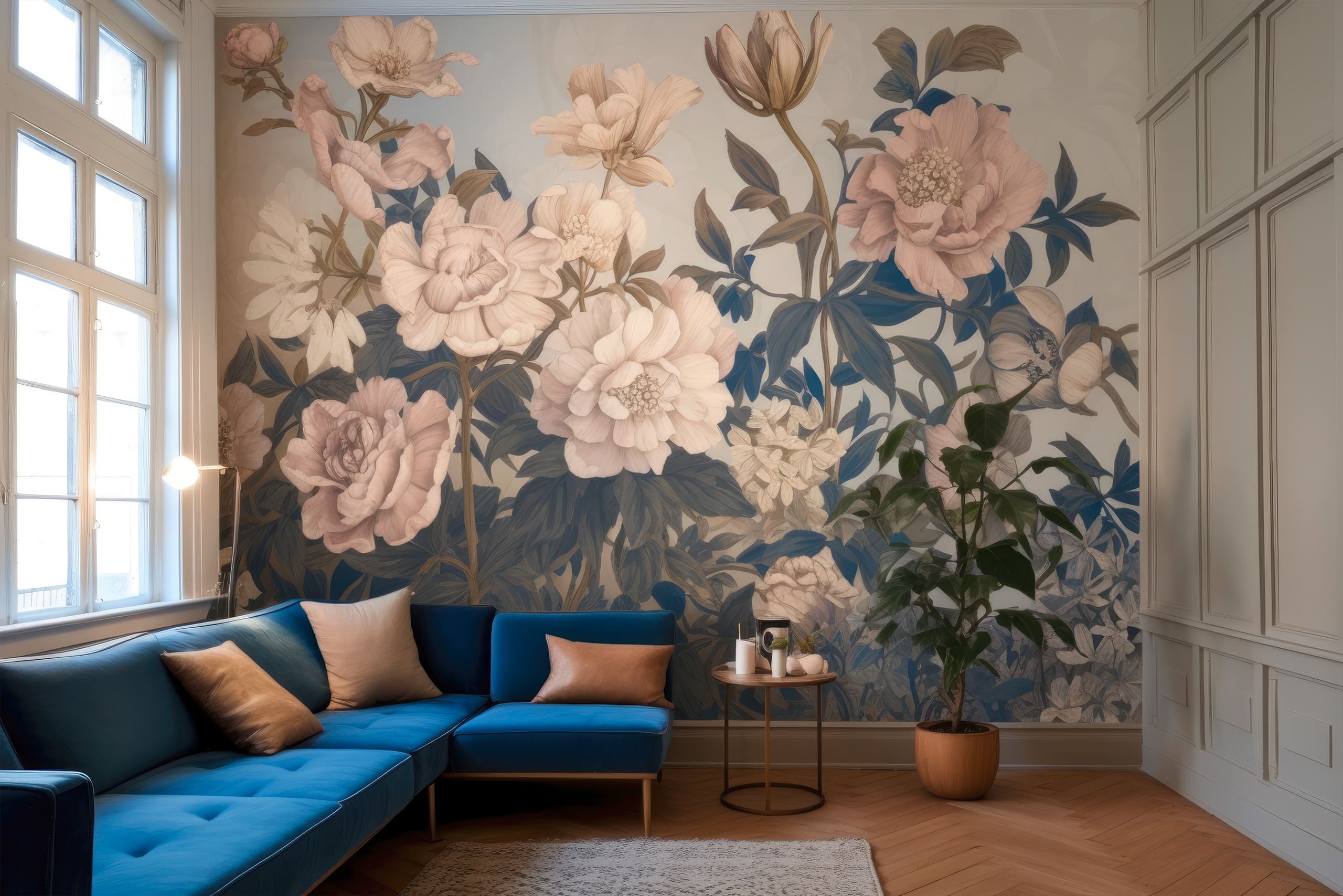 Modernes Wohnzimmer-Interieur mit einem blauen Ecksofa, wunderschöne florale Tapete als Wandbild, mit großformatigen Blumen und Blüten an der Wand. - KI-generiert