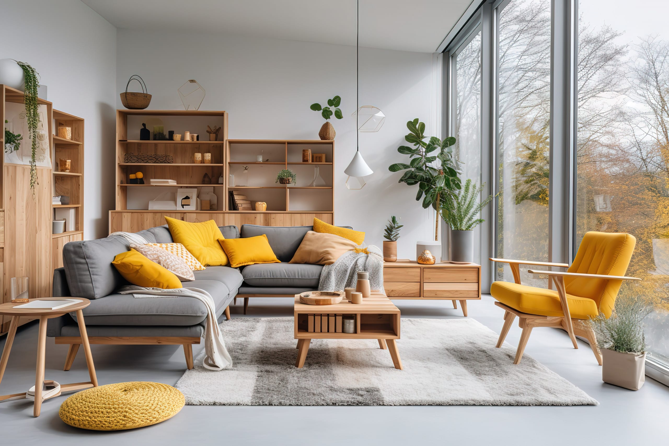 Gemütliches, modernes Wohnzimmer-Interieur mit gelbem Sofa und Dekorationsraum auf gelbem oder weißem Wandhintergrund.