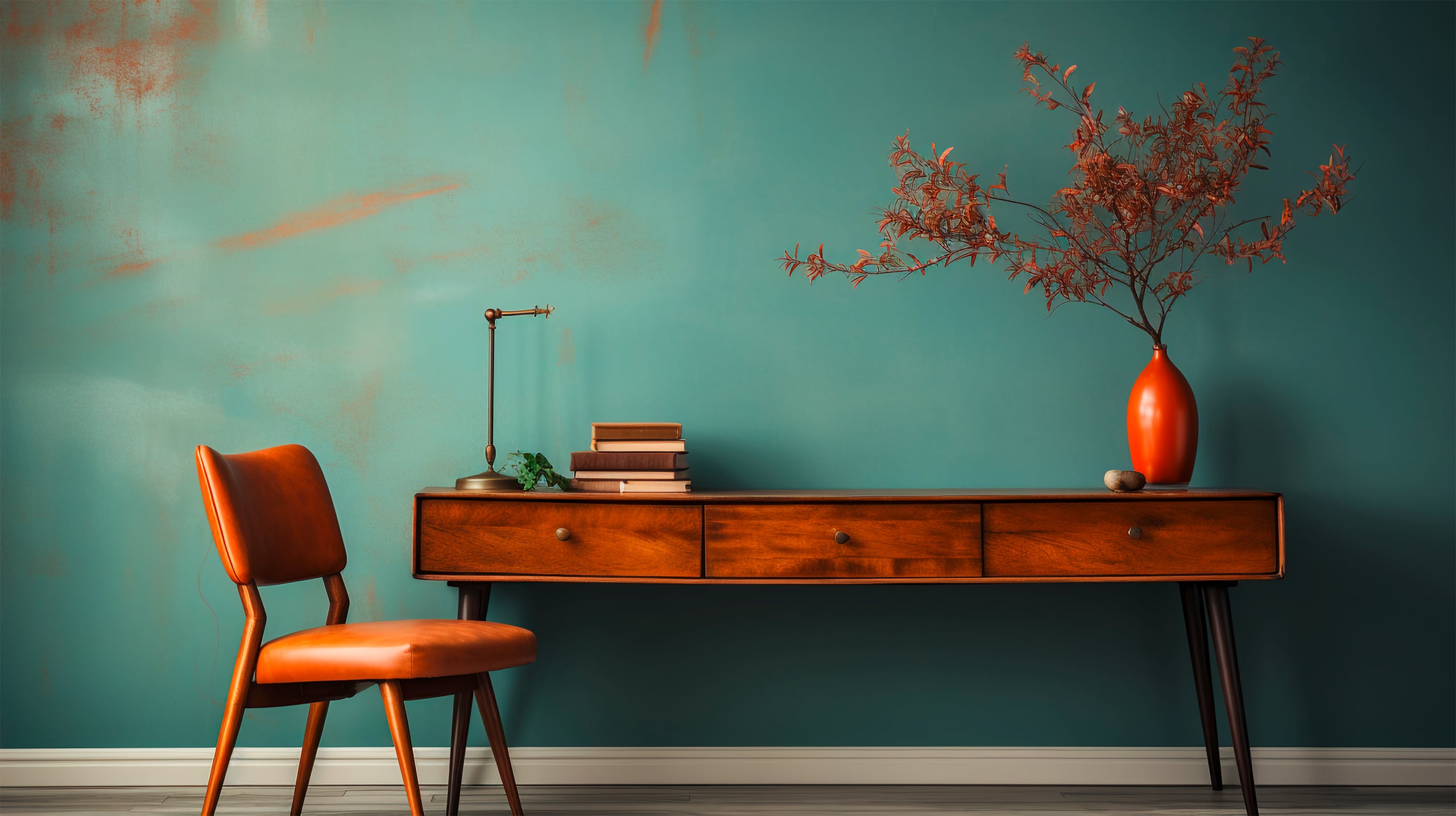 Innenraumgestaltung in typischen Vintage-Farben mit Retro-Elementen, wie einem alten Sideboard aus rotbraunem Holz und einem Lederstuhl in Cognac und alten Wänden mit Spachteltechnik in Petrol bzw. Türkis und Rost.