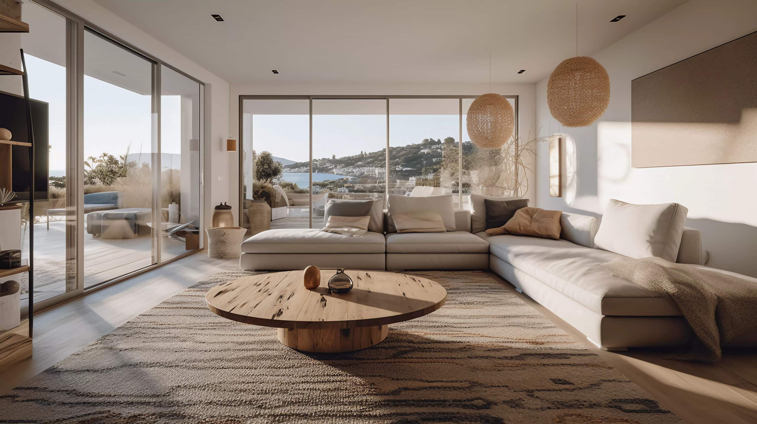 Lifestyle-Interieur via heller und stilvoller balearische Einrichtung eines modernen Wohnraums mit Blick auf die große Terrasse und das vorgelagerte Meer.
