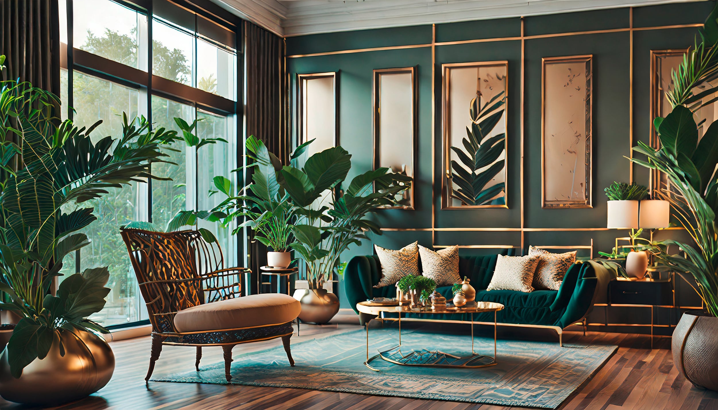 Klassisch-edler Wohnraum in Britisch-Grün mit goldenen Akzenten, orientalischer Teppich und üppigen Grünpflanzen.