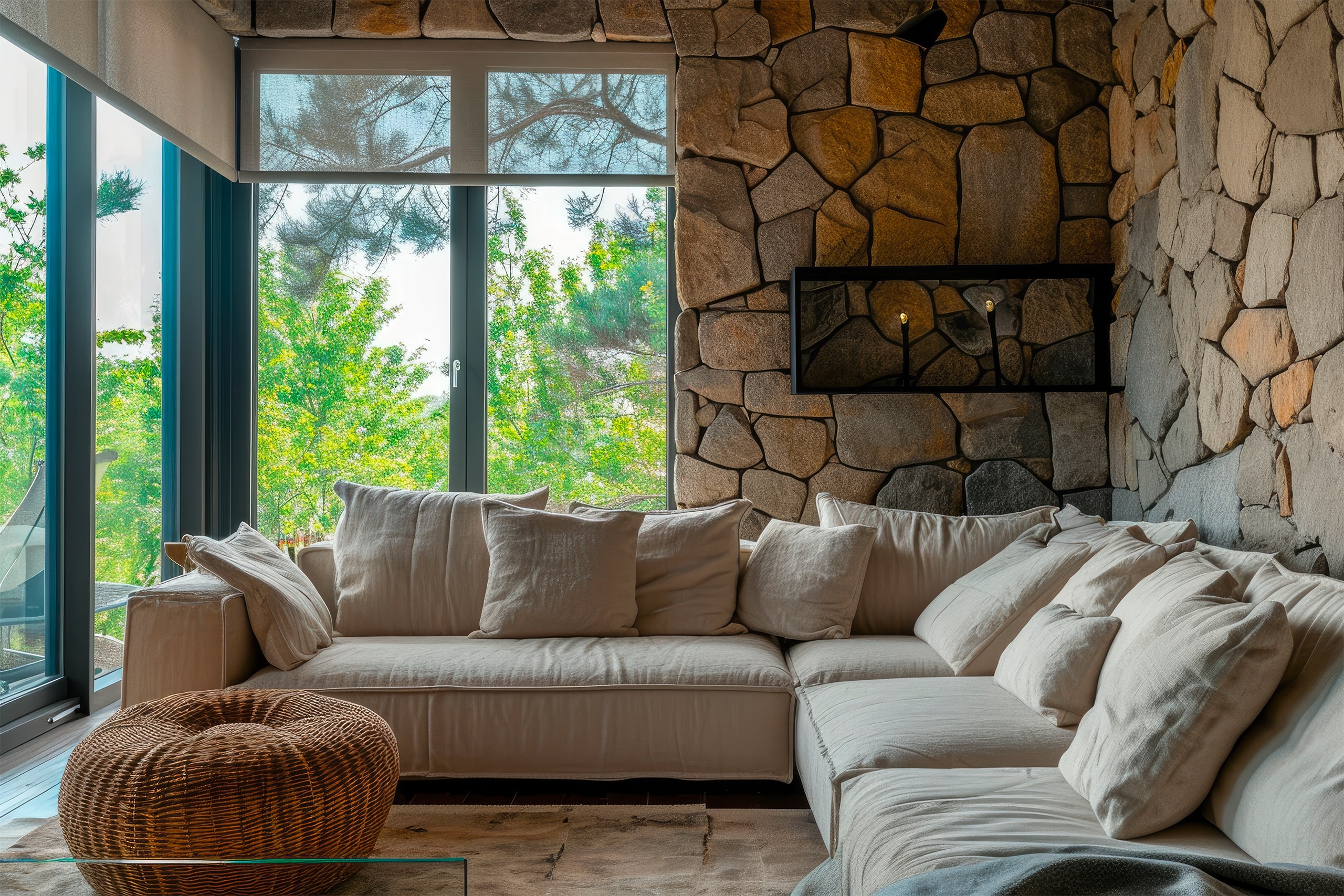 Cremefarbenes Ecksofa vor einem Fenster in einem Raum mit Steinwandverkleidung. Modernes Wohnzimmer auf dem Land.