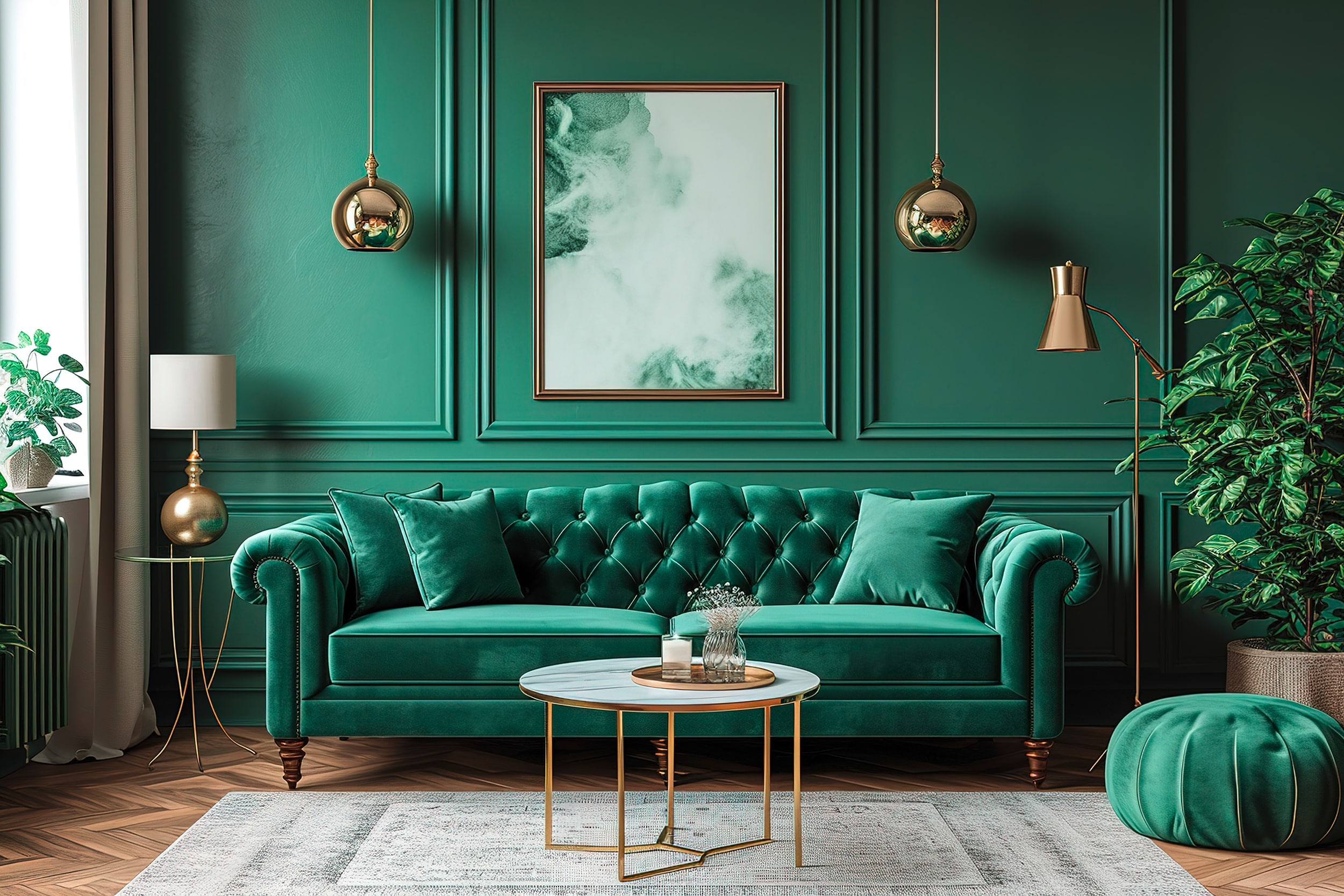 Luxuriöses Wohnzimmer mit modernem Interieur, grünem Samtsofa, Couchtisch, Pouf, goldener Dekoration, Pflanze, Lampe, Teppich, Posterrahmen und eleganten Accessoires.