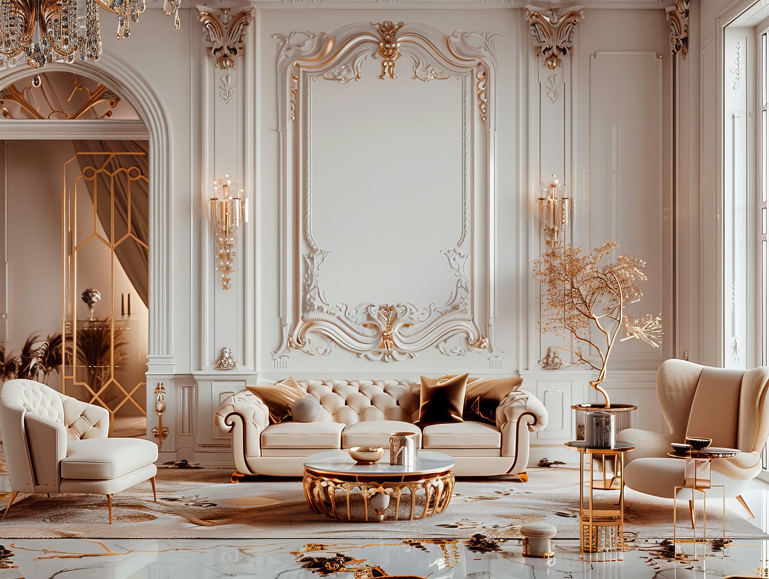 Edles, luxuriöses Interieur in einem großzügigen Wohnraum mit weißen Wänden, die mit goldfarbenen Stuck und Ornamenten elegant hervorgehobenen werden. Eine beigefarbene Sitzgruppe, bestehend aus einem 2-er-Sofa und 2 Sesseln im Winchester-Stil sowie extravagante Wandleuchten mit Kristallen runden den klassischen Wohnstil ab. - KI-generiert