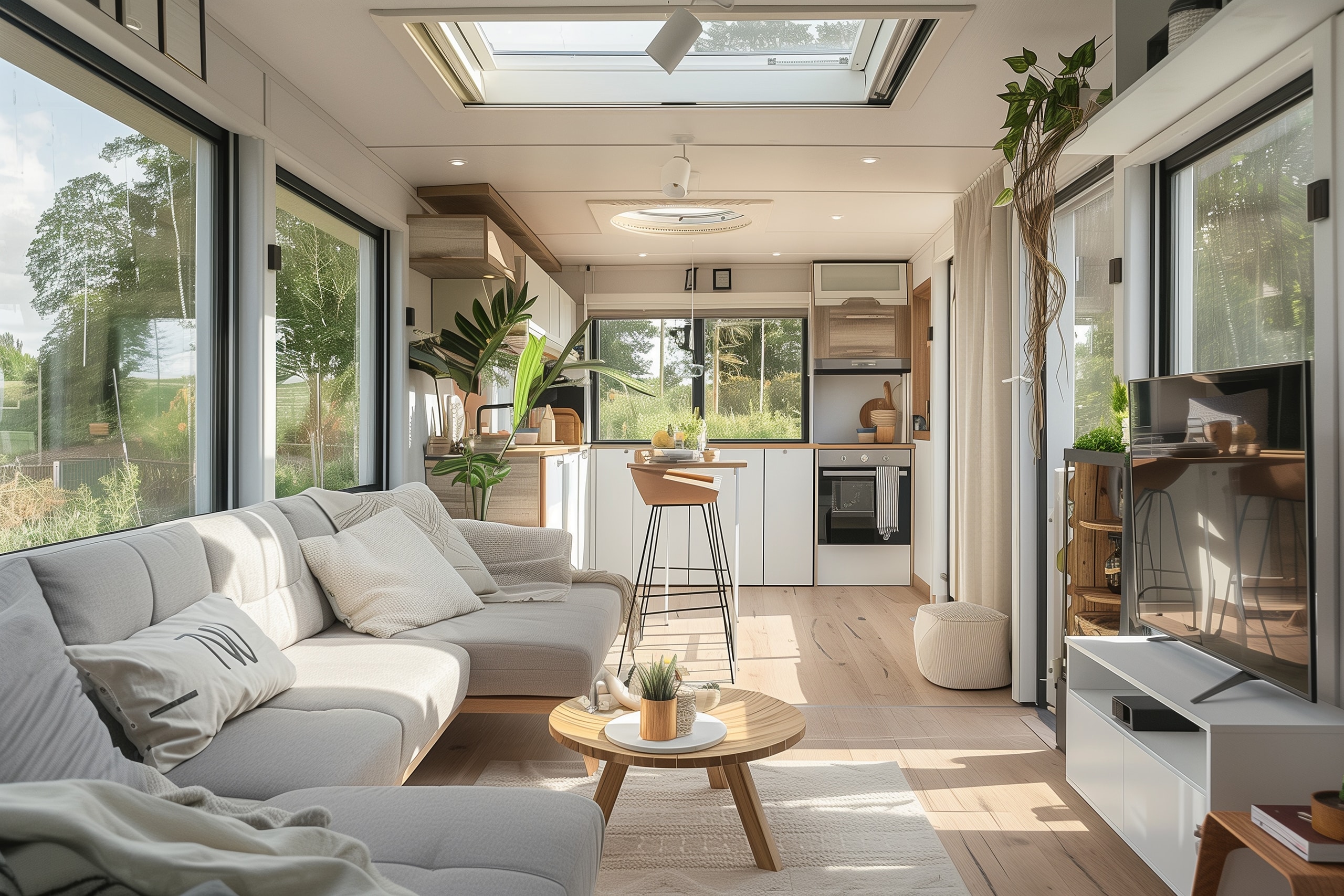 Modernes Interieur eines Tiny Houses oder Mobile Homes mit durchdachten Stauraumlösungen, Küchenbereich und Wohnraum.