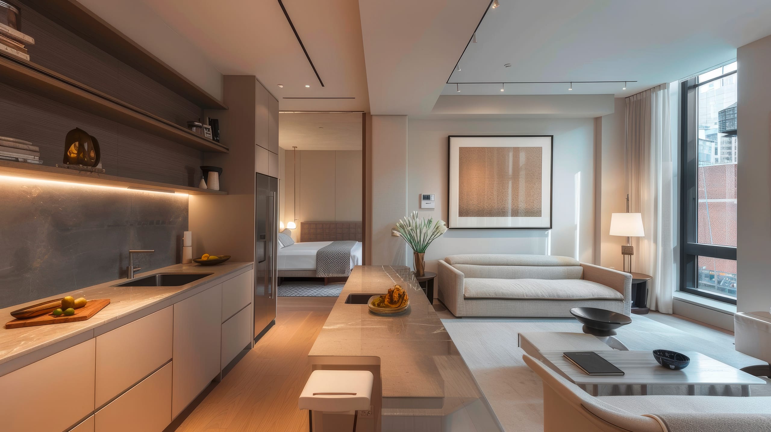 Luxusapartment eines Mobile Homes mit Wohnbereich und kleiner Küche, gemütliches modernes Apartment-Interieur.