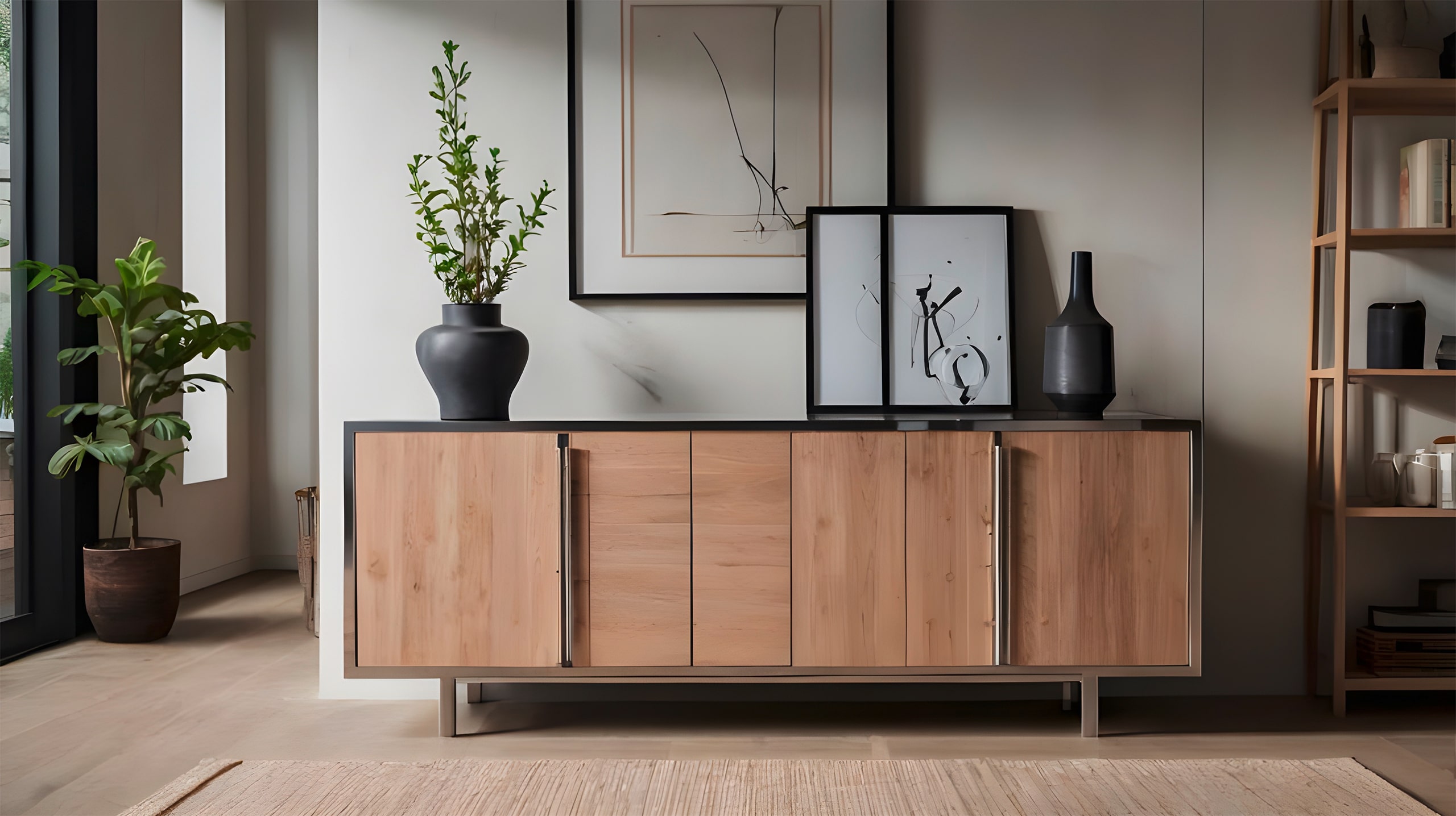 Holzschrank und Kommode vor einer Betonwand, mit einem leeren Posterrahmen (Mock-up) mit freier Fläche sowie schwarzen Vasen.