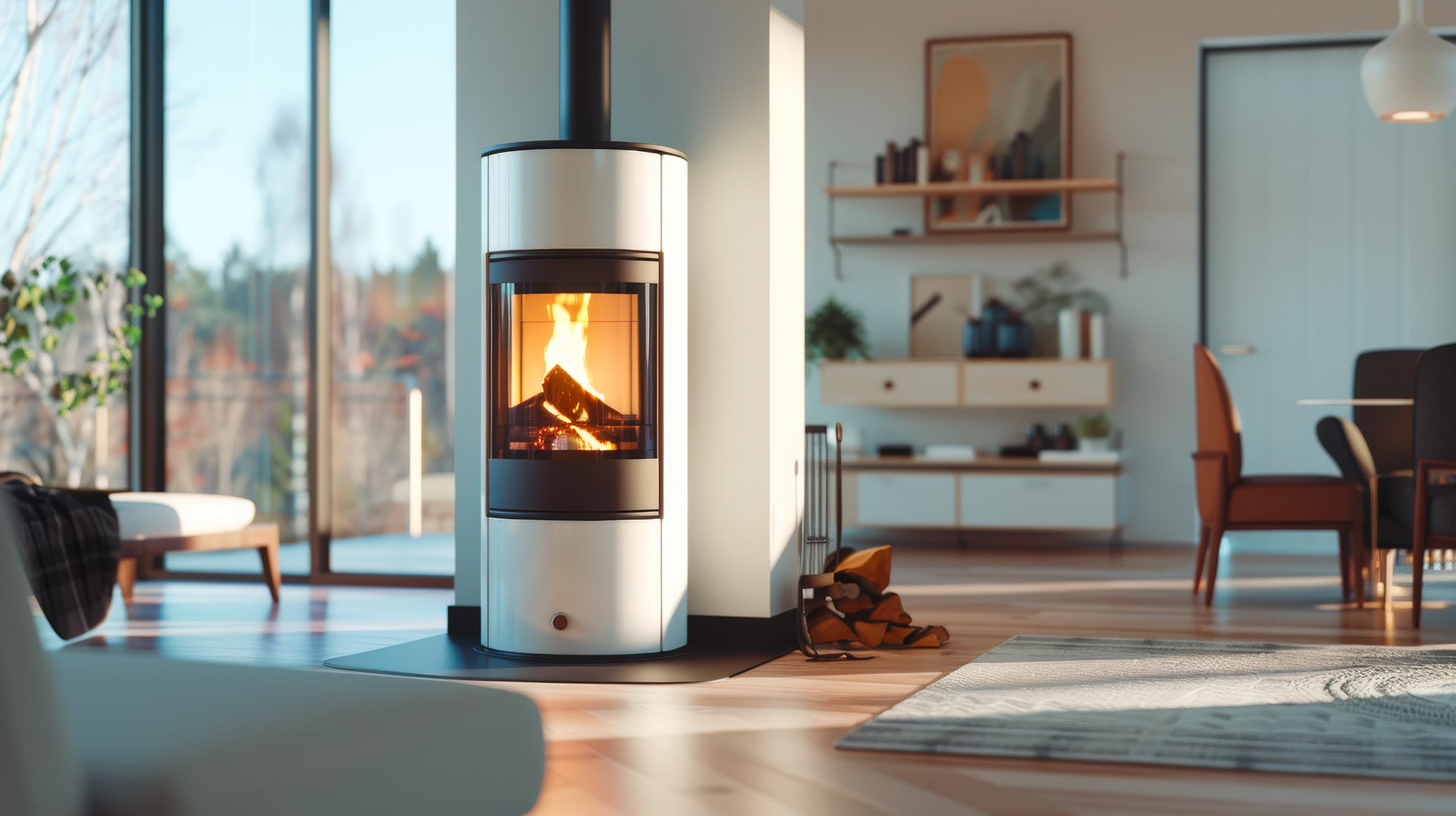 Moderner, freistehender Einzelofen aus Metall mit edlem weiß mit Sichtfenster in den Brennraum mit Holzscheitern und Flammen und schwarzem Rauchrohr zum Kamin.