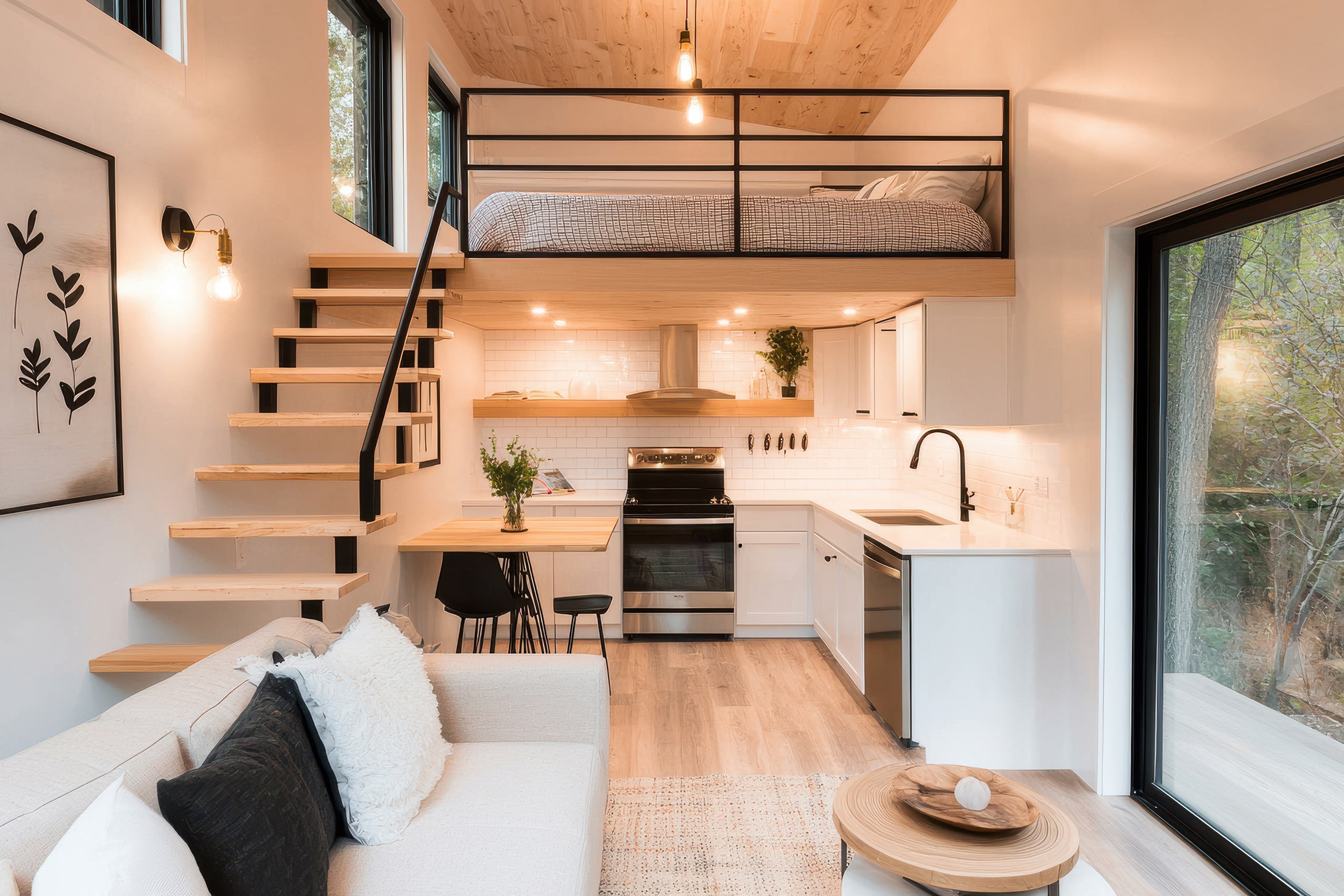Modernes Interieur eines Tiny Houses oder Mobile Homes mit durchdachten Stauraumlösungen, Wohnbereich mit Sofa, sowie zusätzlicher Schlafbereich als Maisonette direkt unter dem Dach.