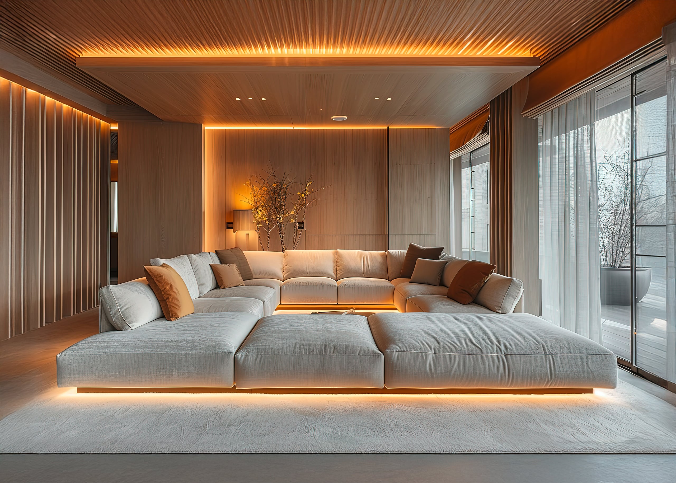 Großes weißes Sofa ist von einigen anderen Möbelstücken umgeben, darunter ein Couchtisch und eine Topfpflanze. Der Raum ist gut beleuchtet und hat ein modernes, minimalistisches Design