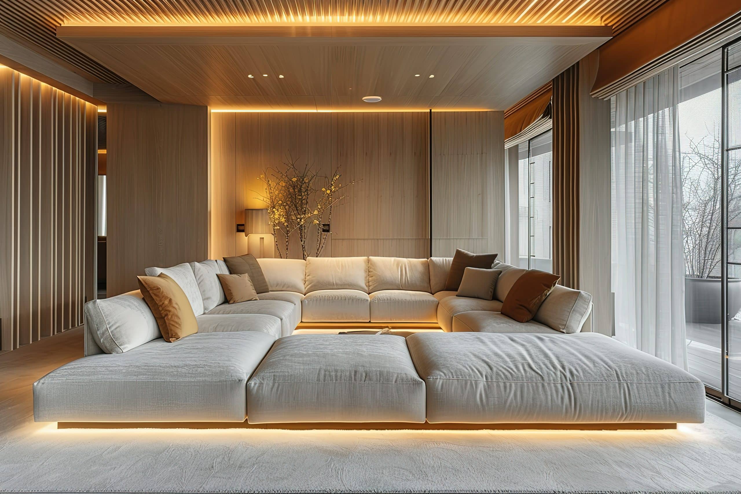 Großes weißes Sofa ist von einigen anderen Möbelstücken umgeben, darunter ein Couchtisch und eine Topfpflanze. Der Raum ist gut beleuchtet und hat ein modernes, minimalistisches Design