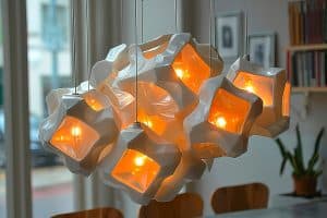 Extravagante Deckenleuchte mit zahlreichen weißen, zerknautschten Würfeln, in deren offenen Bereichen oranges Licht zur Geltung kommt.