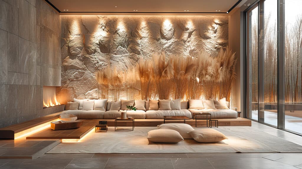 Luxuriöses, großzügiges Wohnzimmer in Naturtönen mit einer großen, beleuchteten Steinwand und Gräser hinter dem einladenden Ecksofa und einem Kamin. - KI-generiert