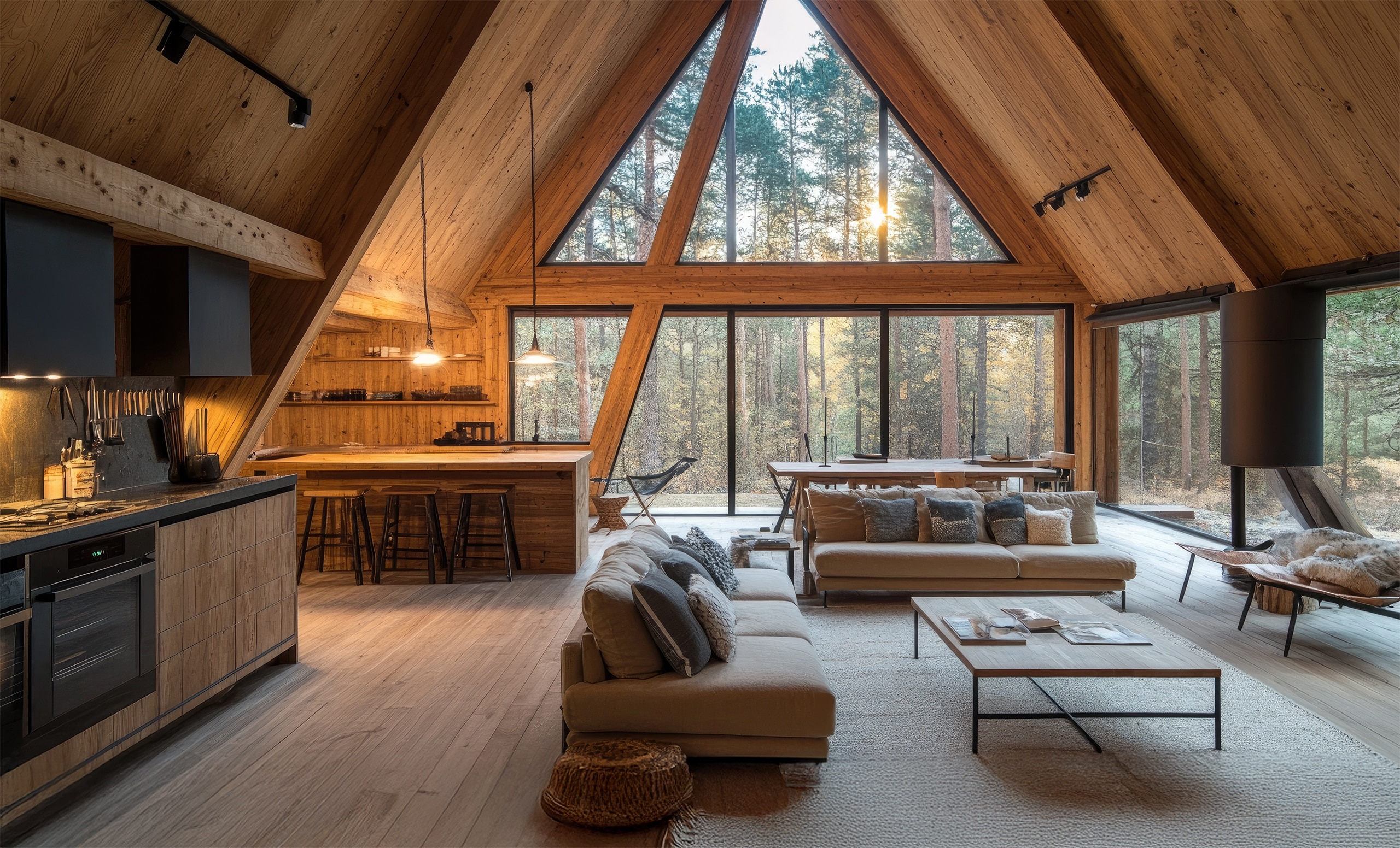 Modernes A-Frame-Haus mit großen Fenstern bis an den Dachfirst mit Blick auf den Wald. Die Innengestaltung ist auf Holz und Naturmaterialien fokussiert.