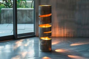 Schwarze, runde Bodenleuchte mit unregelmäßigen Materialausschnitten, aus welchen Licht scheint und den Raum in ein interessantes Lichtspiel versetzt.