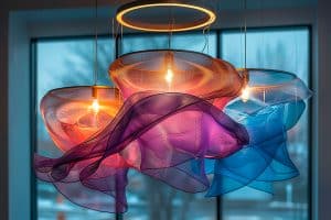 Farbenfrohe Deckenleuchte aus durchsichtigem Mesh-Textil in bunt leuchtenden Farben, wie Lila, Blau Gelb und Orange.