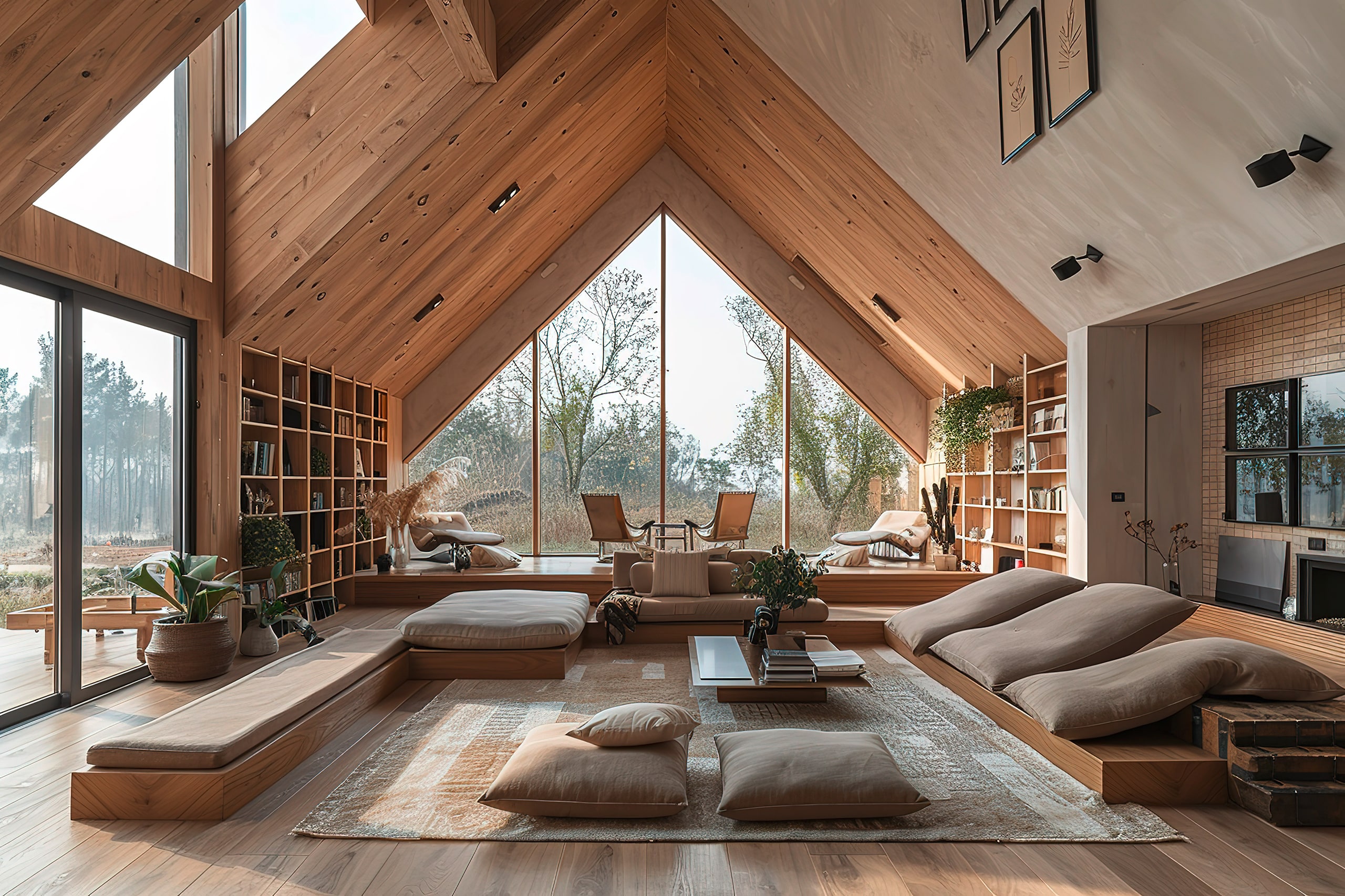 Großes, offenes Wohnzimmer mit viel natürlichem Licht und Holzboden.