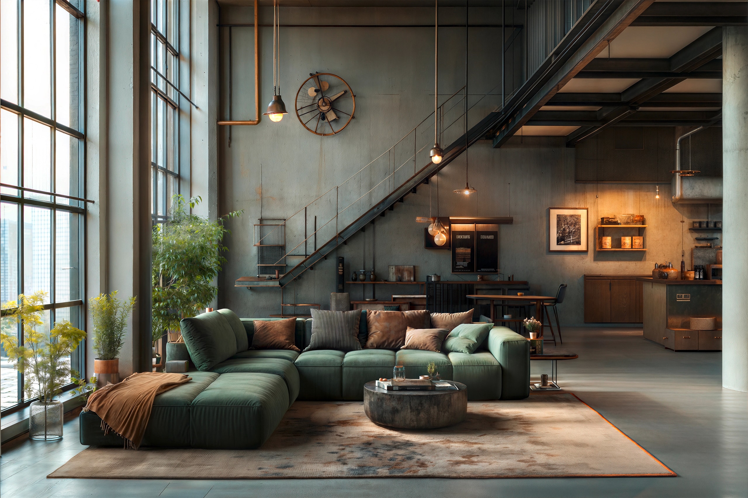 Außergewöhnliches Wohnzimmer im Industrial-Look eines modernen Loft mit Eisentreppe in den oberen Bereich.