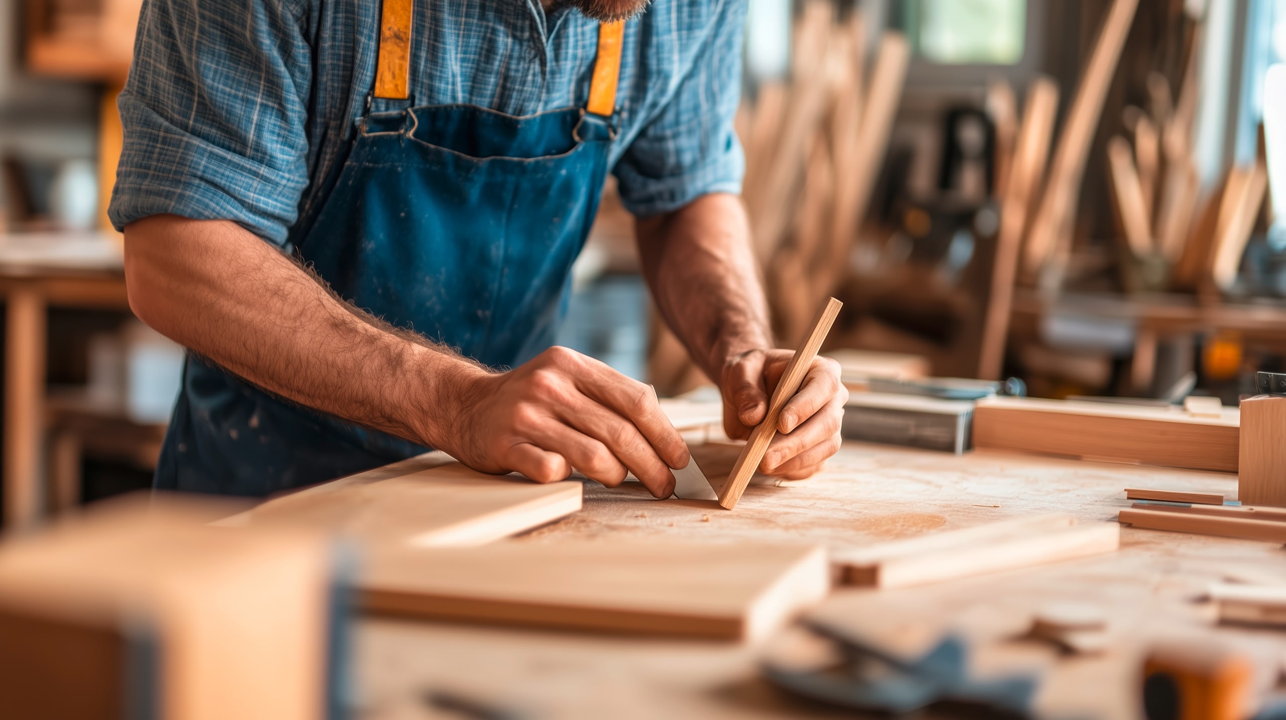 Handwerker misst und markiert Holz in einer Werkstatt, in der hauptsächlich Holz verarbeitet wird.