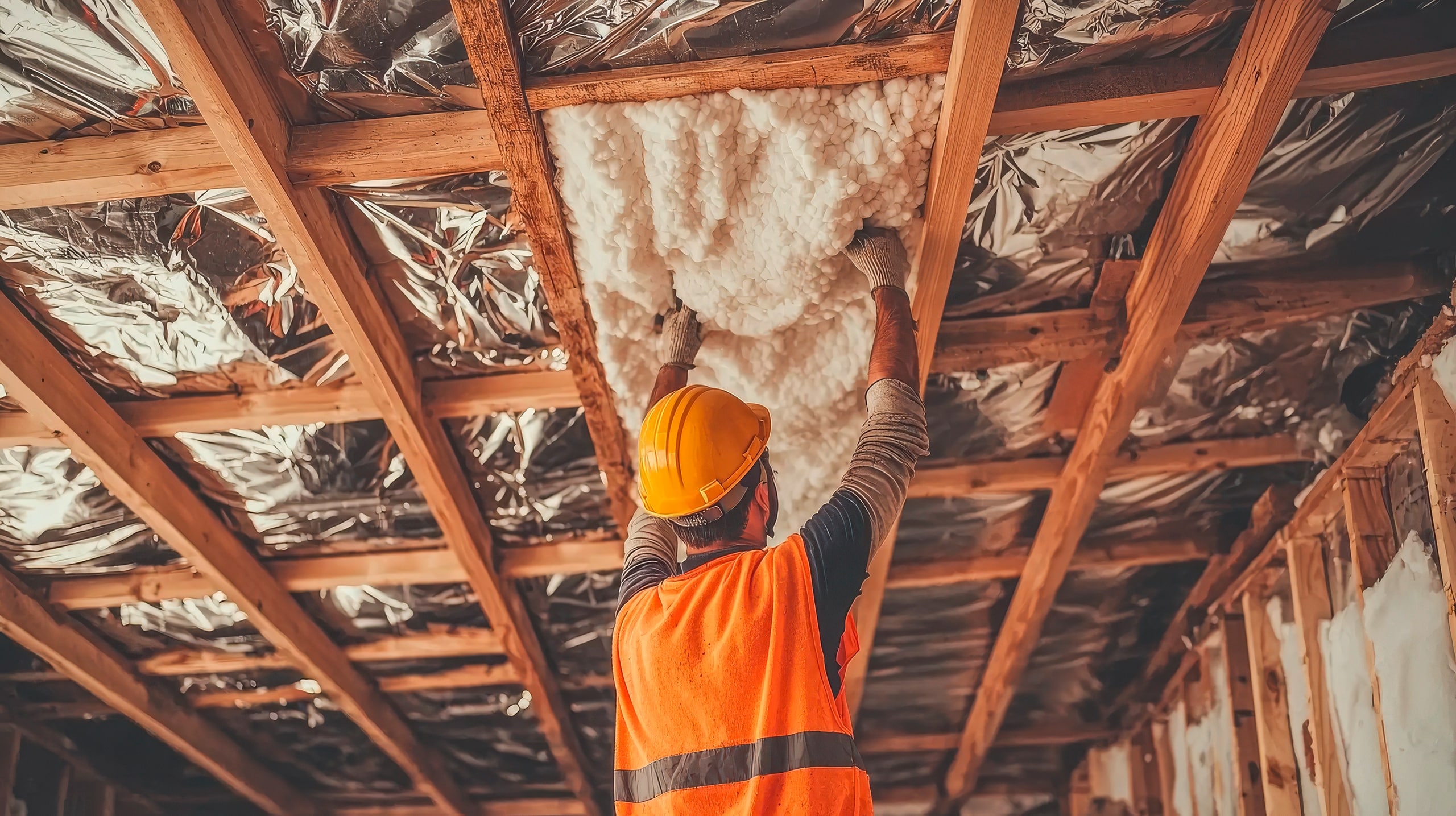 Ein Dachboden eines Hauses wird von einem Bauarbeiter mit Mineralwolle wärmegedämmt.