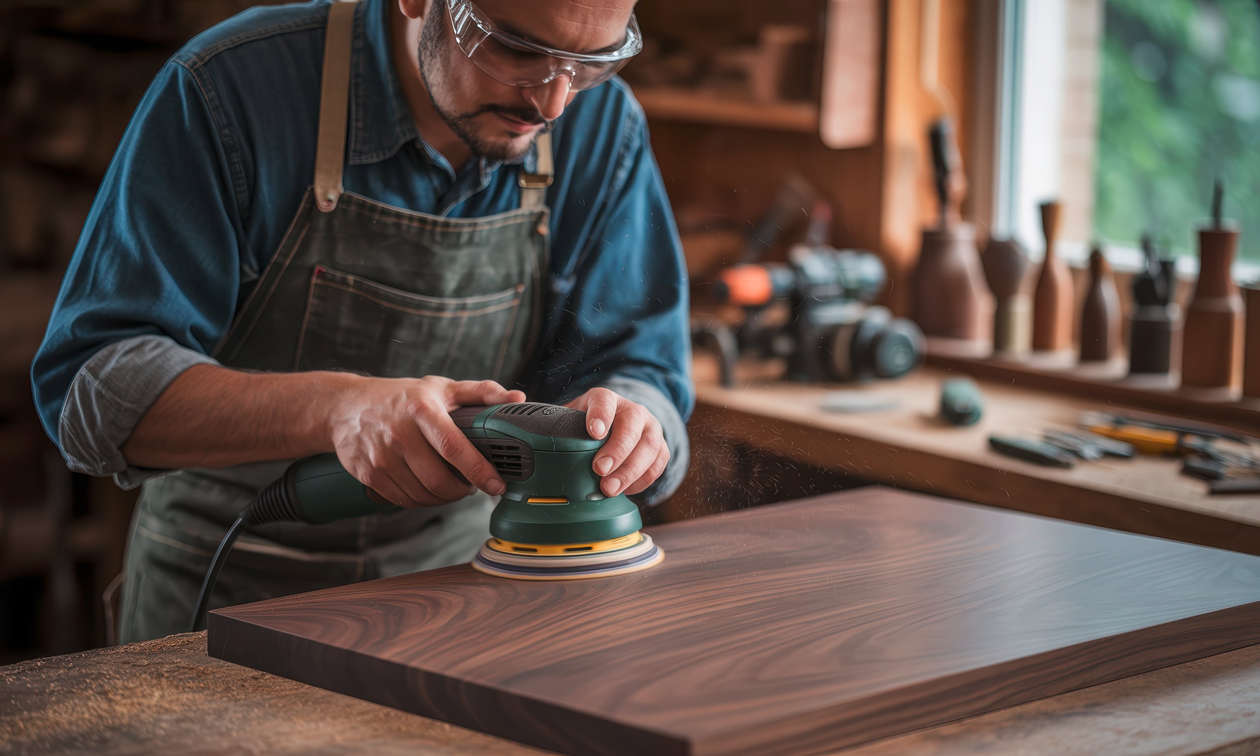 Erfahrener Tischler schleift dunkle Holzbretter mit Schwingschleifer in einer Werkstatt.