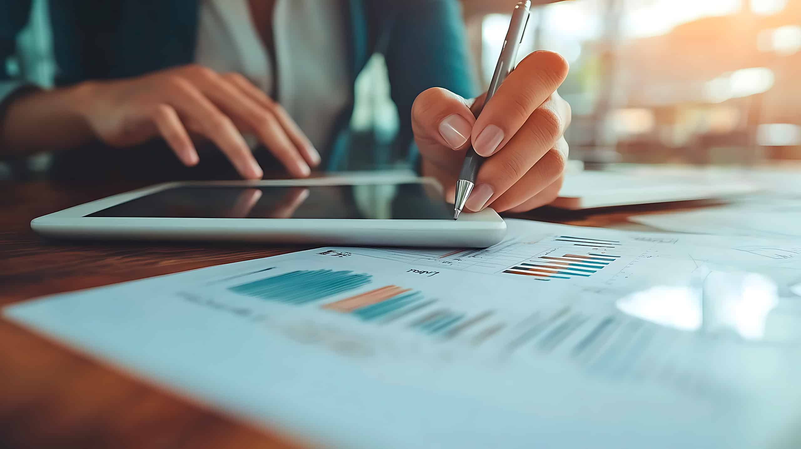 Frau analysiert, vergleicht und berechnet Datenberichte mit Hilfe eines Tablets und einem Tablet-Pen.