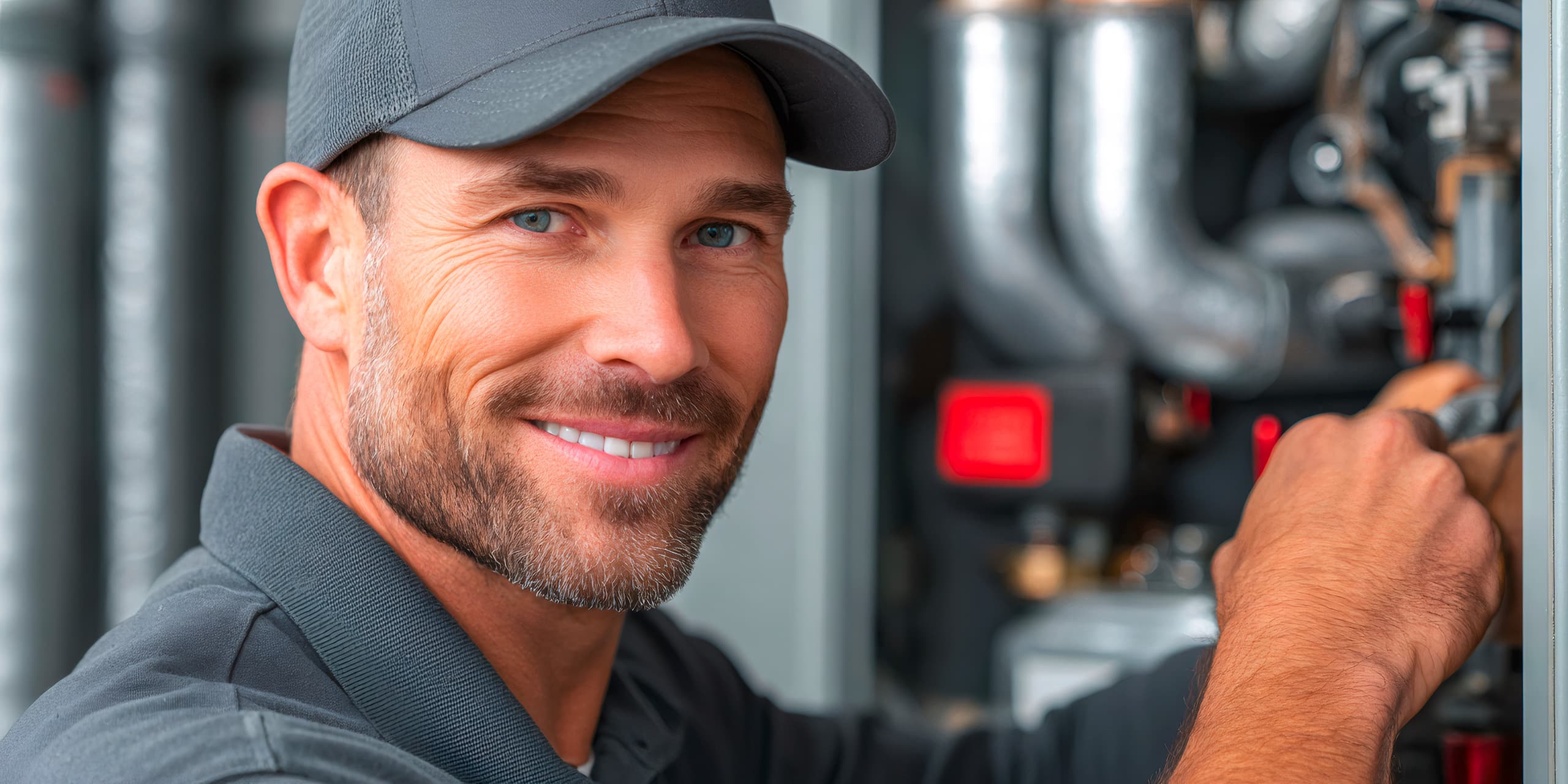 Lächelnder Handwerker führt an einer Hausheizungsanlage Wartungstätigkeiten und Reparaturen durch.