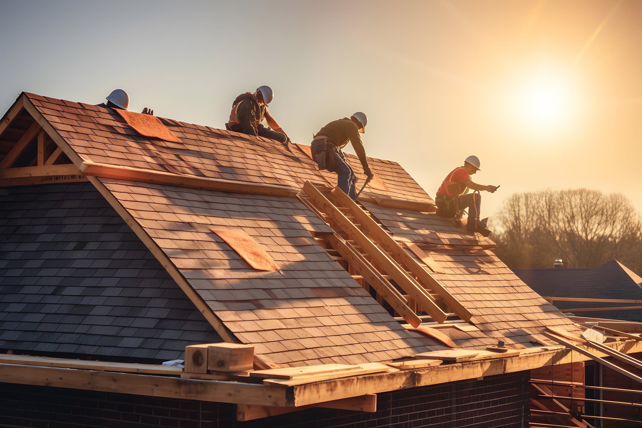 Ein Team von Dachdeckern installiert neue Dachschindeln auf einem Wohnhaus.