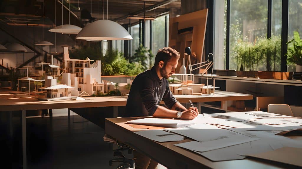 Männlicher Architekt arbeitet an einem Projekt in einem Coworking Space.