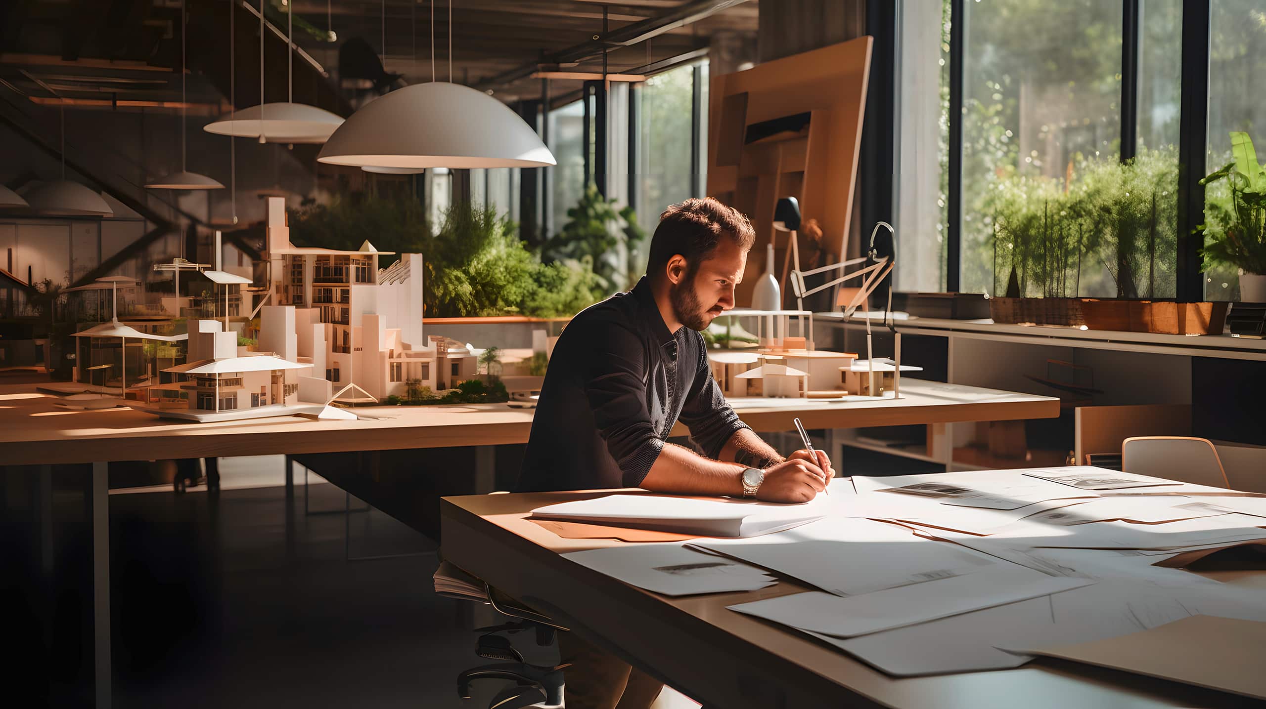Männlicher Architekt arbeitet an einem Projekt in einem Coworking Space.