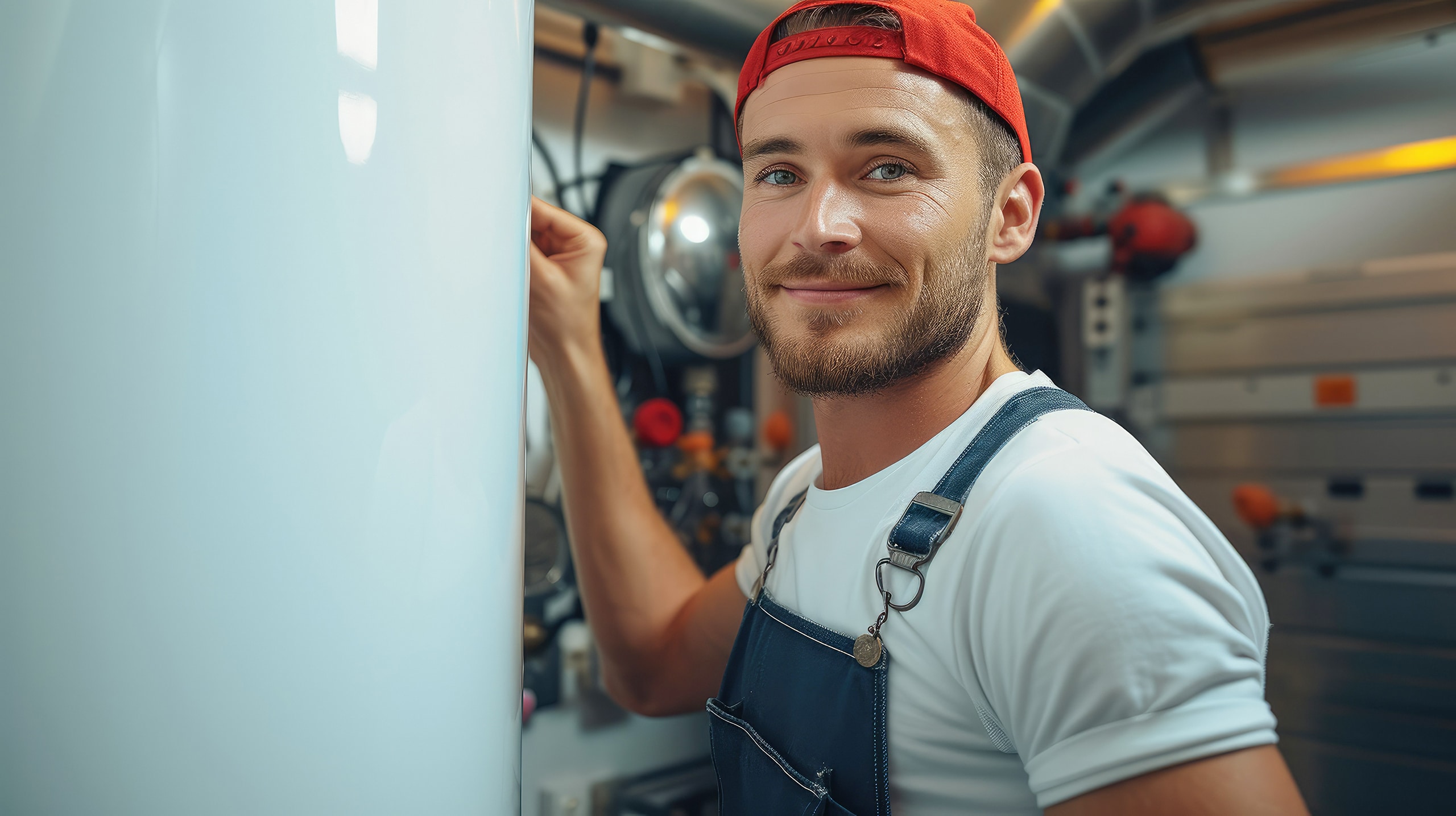 Professioneller Elektriker installiert elektrischen Warmwasserbereiter im Heizungsraum.