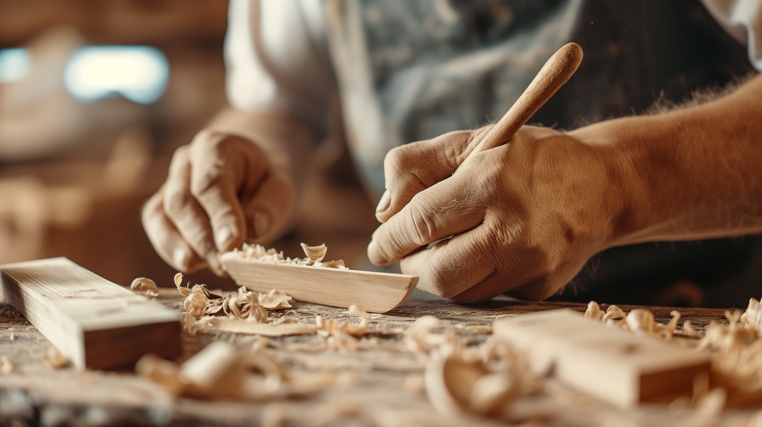 Foto eines Handwerkers, der in einer Werkstatt, umgeben von Sägemehl und Holzmaterialien, mit Holz arbeitet und den Prozess der Holzbearbeitung, Tischlerei und Möbelherstellung demonstriert, wobei handwerkliches Geschick hervorgehoben wird.