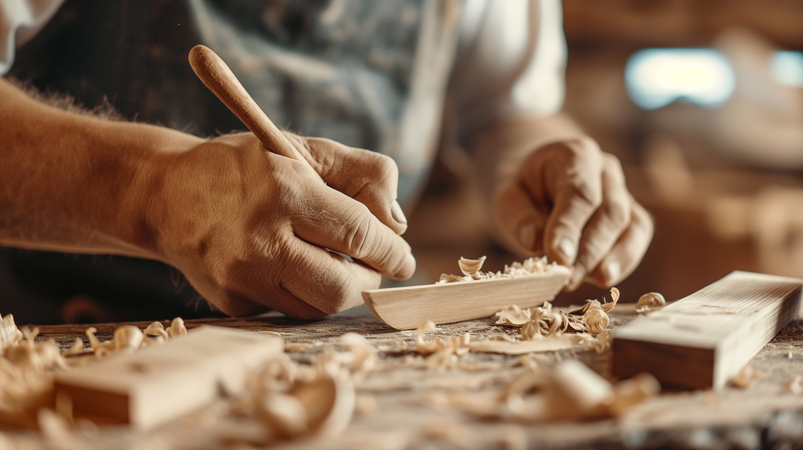 Foto eines Handwerkers, der in einer Werkstatt, umgeben von Sägemehl und Holzmaterialien, mit Holz arbeitet und den Prozess der Holzbearbeitung, Tischlerei und Möbelherstellung demonstriert, wobei handwerkliches Geschick hervorgehoben wird.