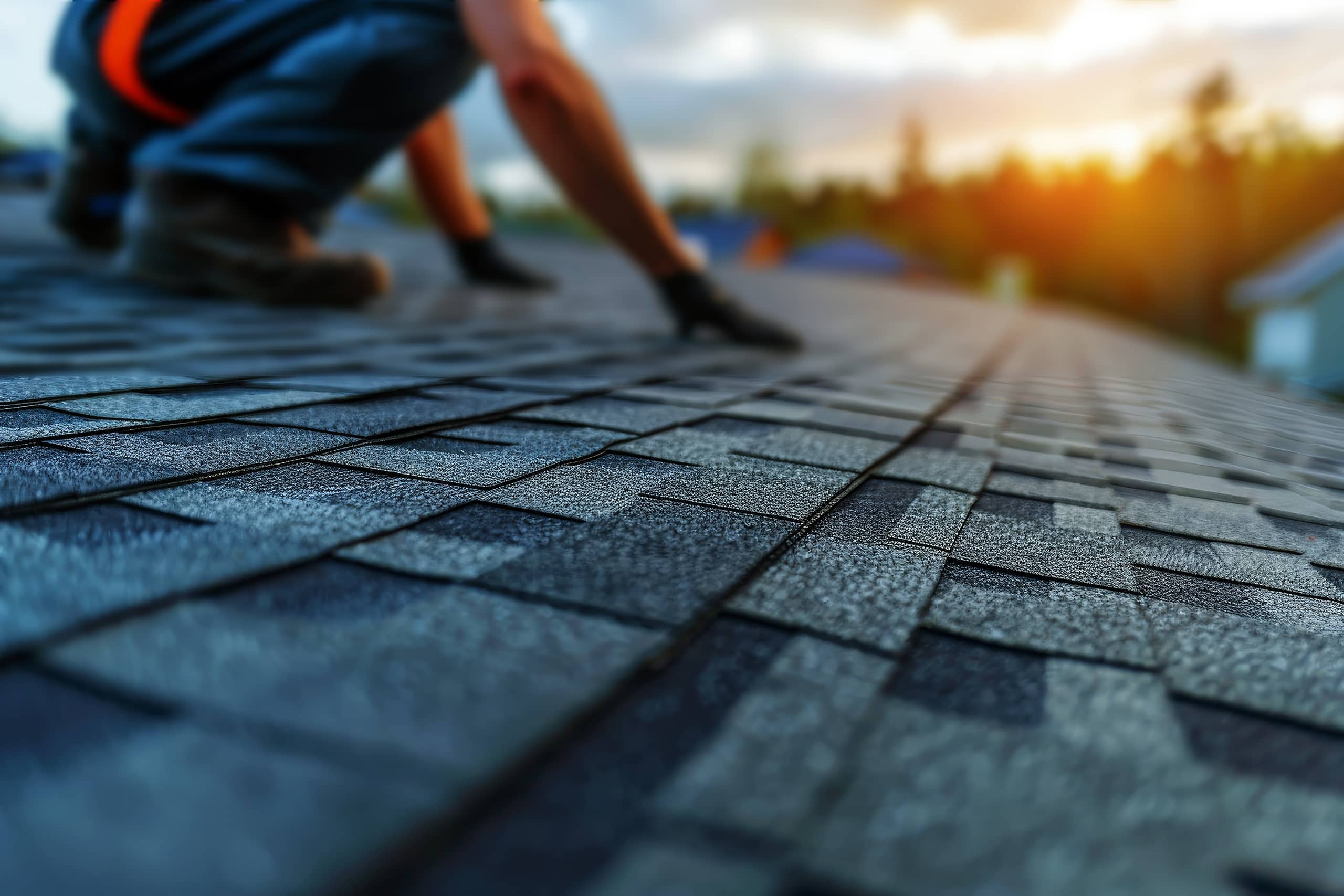 Dachdecker installieren Asphaltschindeln bzw. Bitumenschindeln auf dem Dach eines neuen Hauses bei Sonnenuntergang.