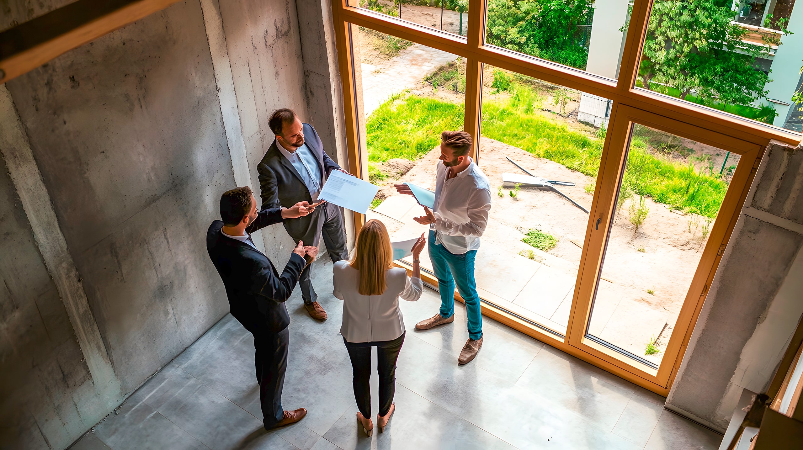 Ein Architekt oder Immobilienmakler und Kunden stehen in einem unfertigen Raum und betrachten Baupläne.