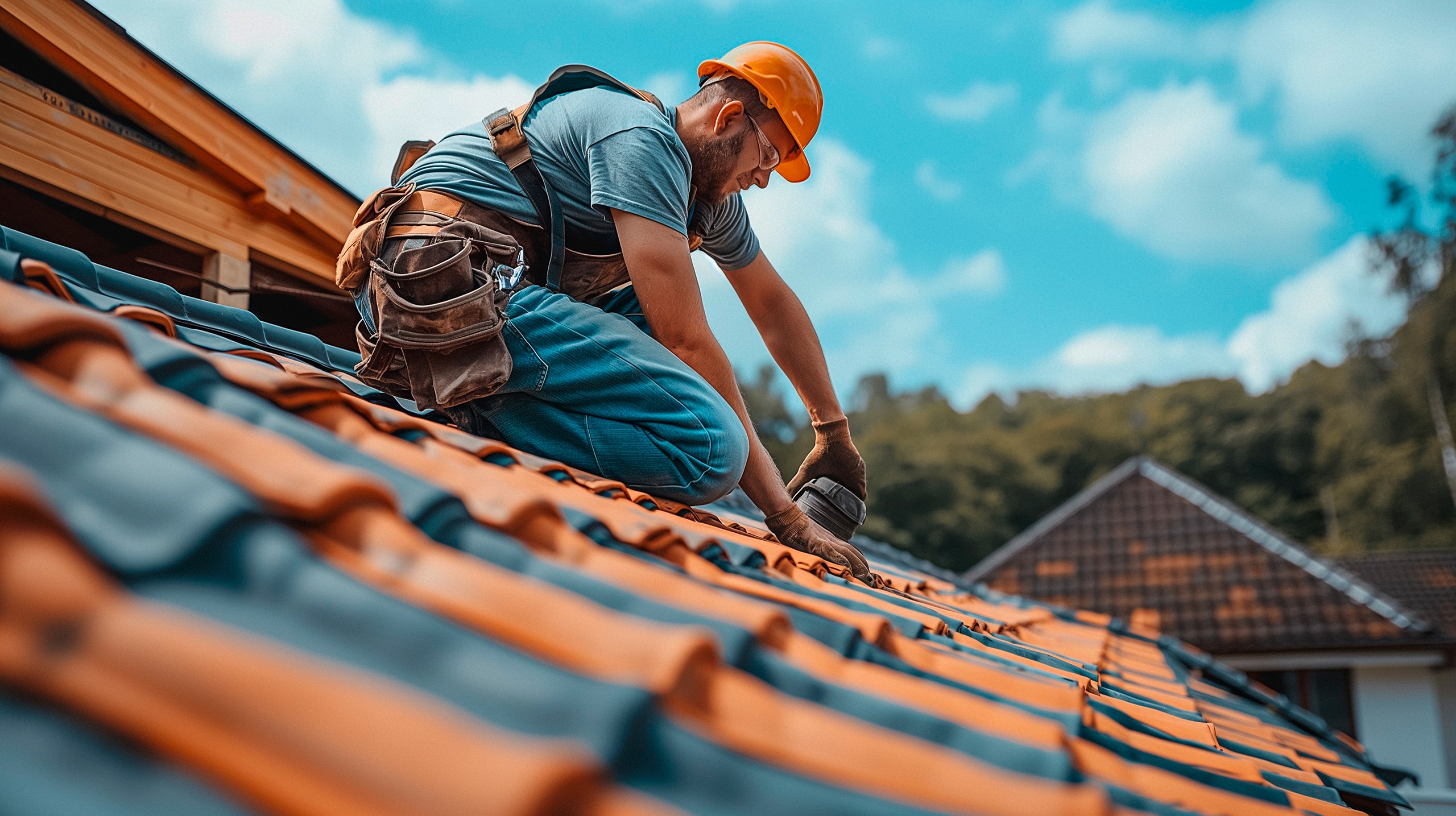 Ein Dachdecker arbeitet an der Dachreparatur eines Hauses.