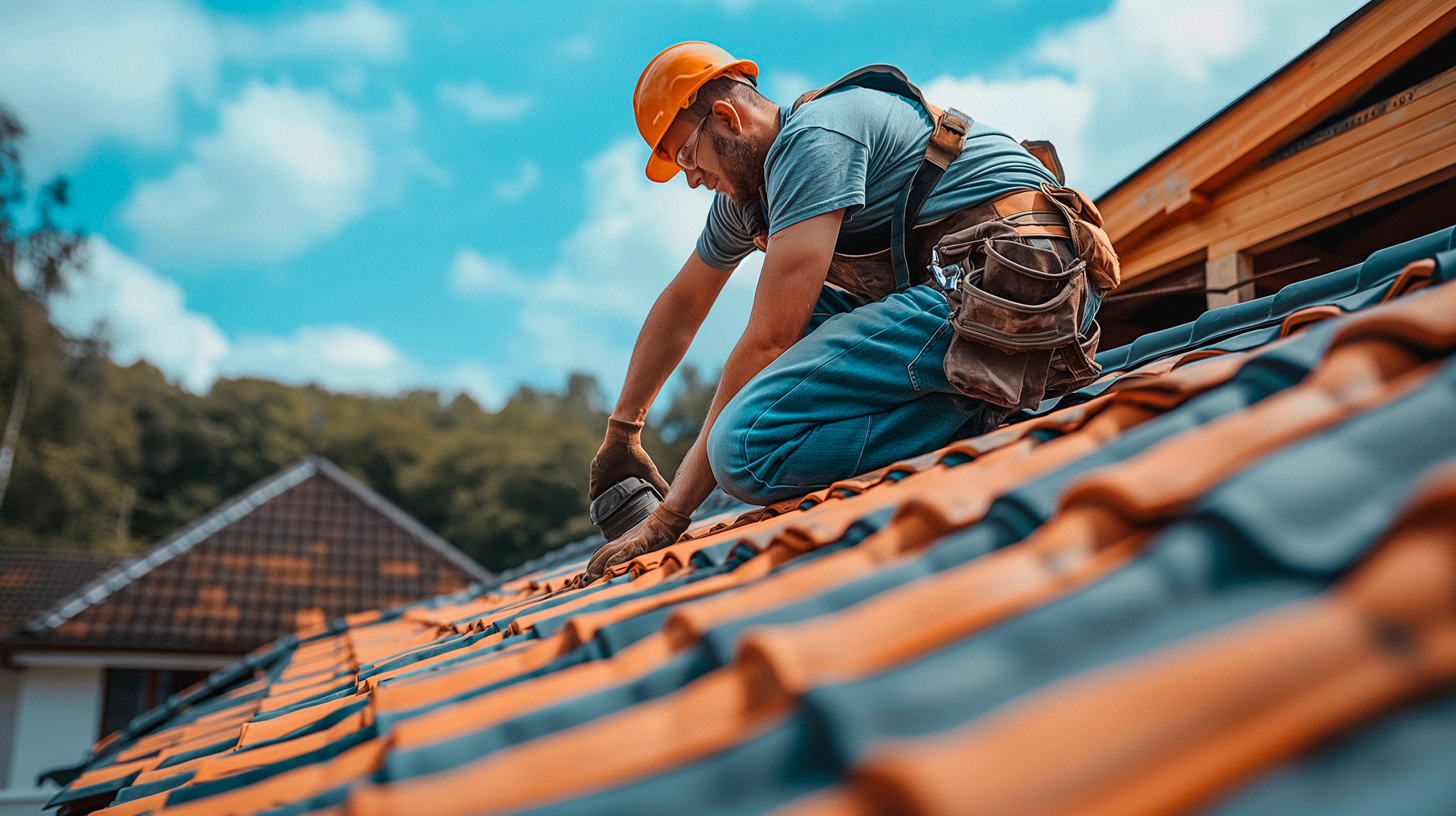 Ein Dachdecker arbeitet an der Dachreparatur eines Hauses.