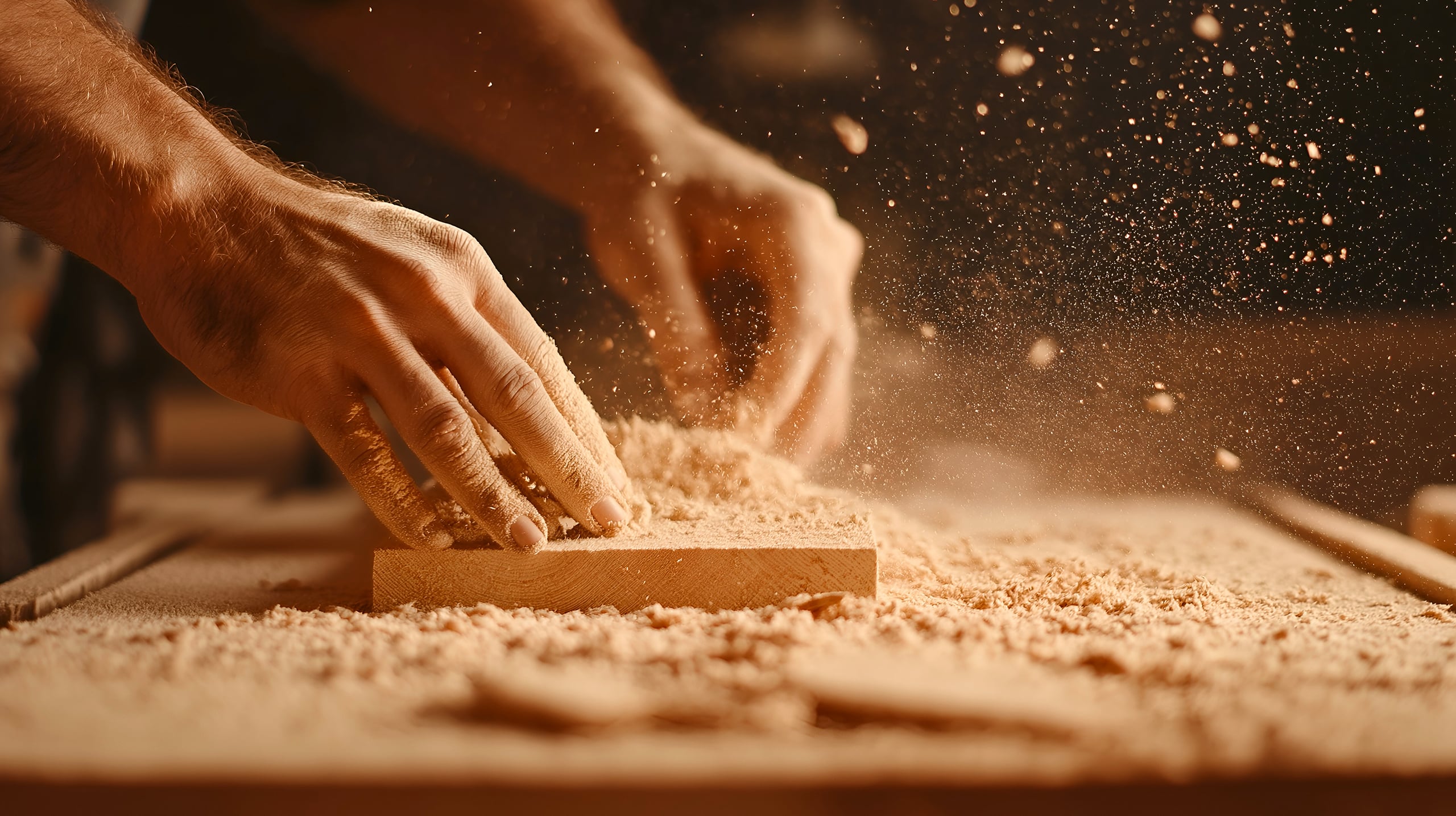 Foto eines Handwerkers, der in einer Werkstatt, umgeben von Sägemehl und Holzmaterialien, mit Holz arbeitet und den Prozess der Holzbearbeitung, Tischlerei und Möbelherstellung demonstriert, wobei handwerkliches Geschick hervorgehoben wird.