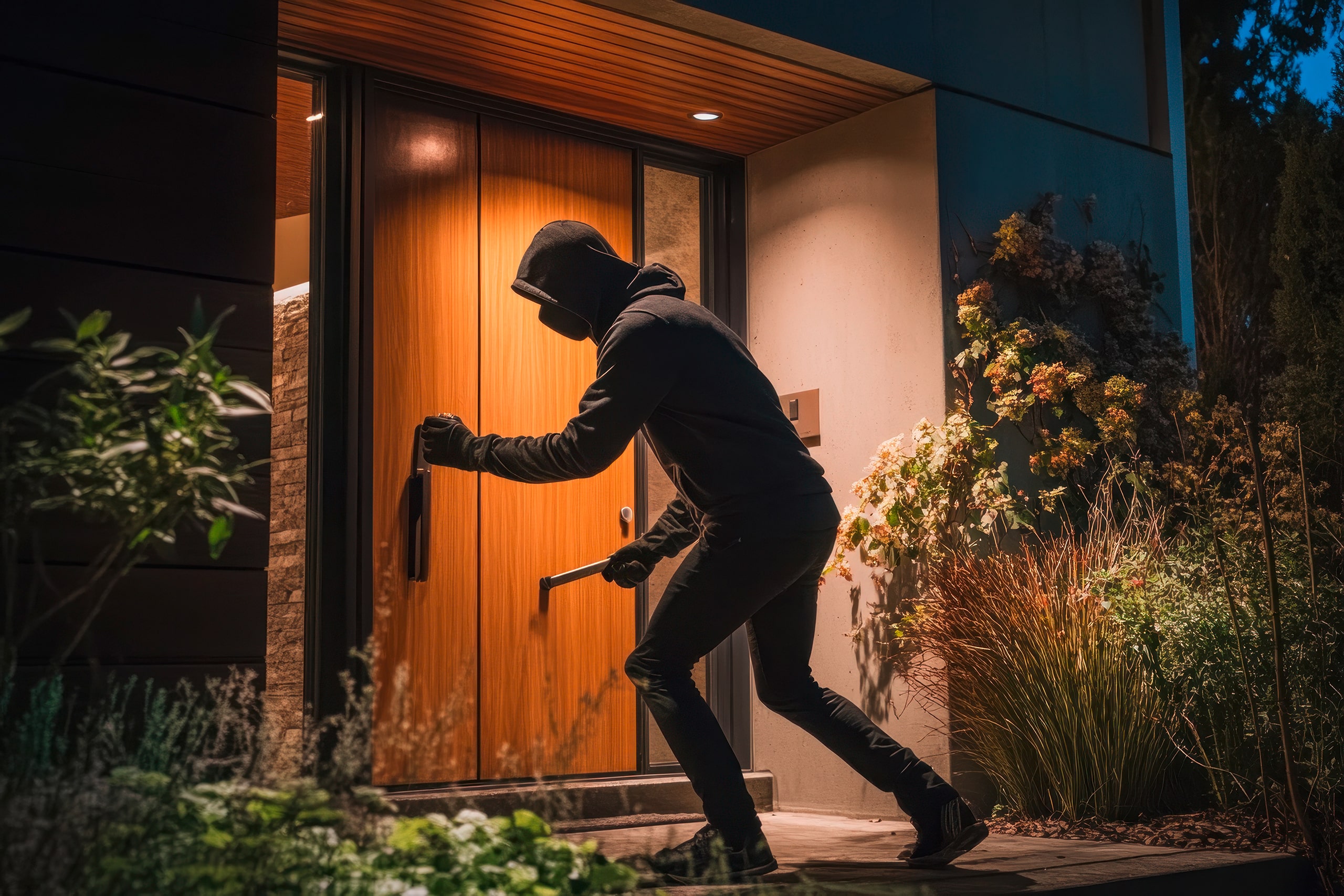 Einbrecher bricht in der Dämmerung am Abend über die Haustüre eines modernen Wohnhauses in das Haus ein.
