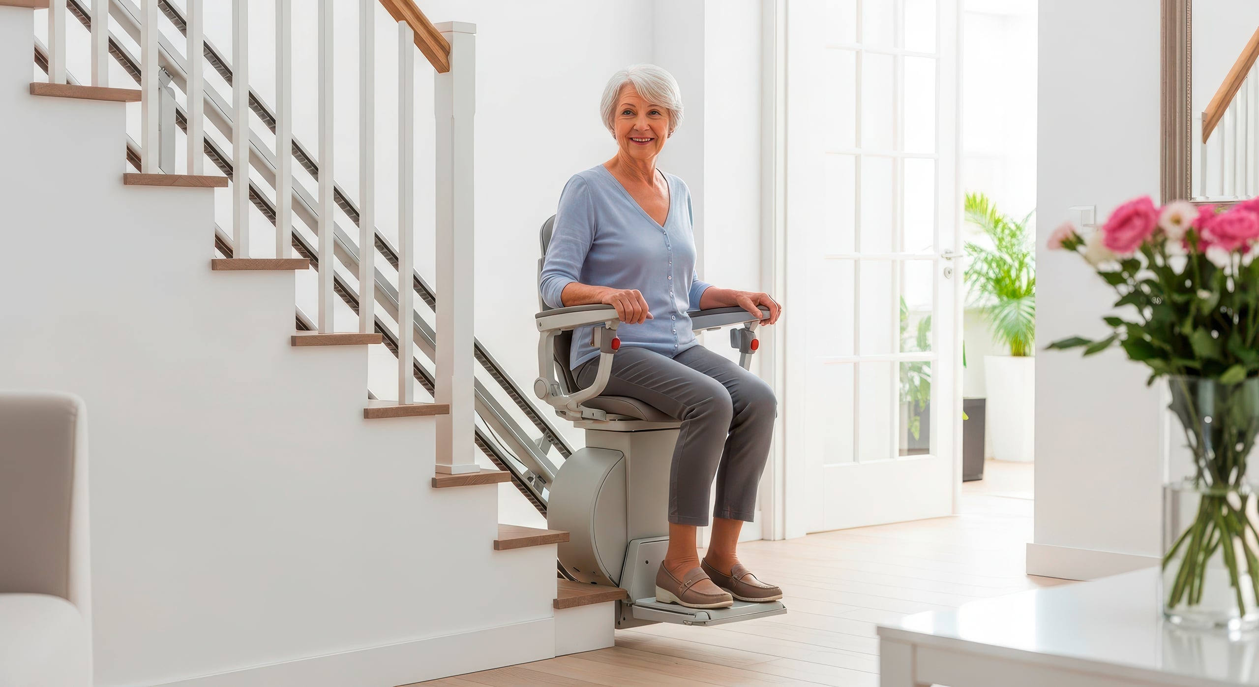 Fröhliche Seniorin nutzt zu Hause einen modernen Treppenlift für mehr Mobilität und Unabhängigkeit.