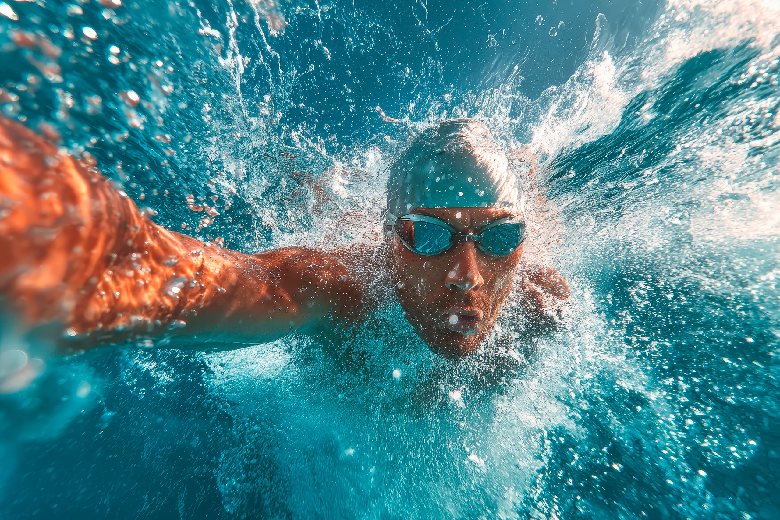 Männlicher Triathlet führt an einem sonnigen Tag Freistilkraulen im offenen Wasser durch und zeigt dabei seine Technik und Entschlossenheit für einen bevorstehenden Wettkampf.
