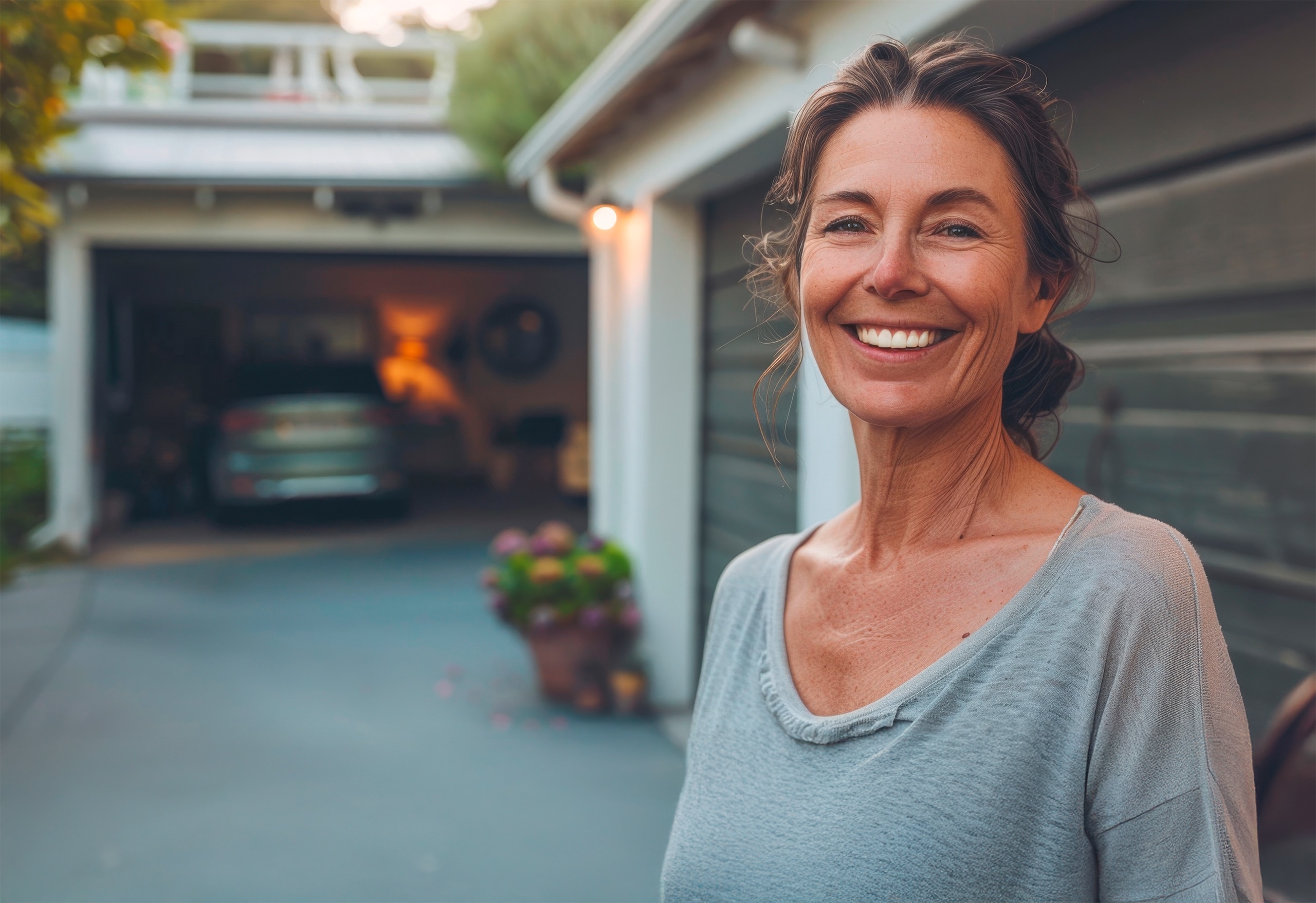 Heruntergeladen Eine lächelnde Frau steht vor einem Haus mit Garagentor. Sie trägt ein graues Oberteil und ist von einer Topfpflanze und einem Auto im Hintergrund umgeben.
