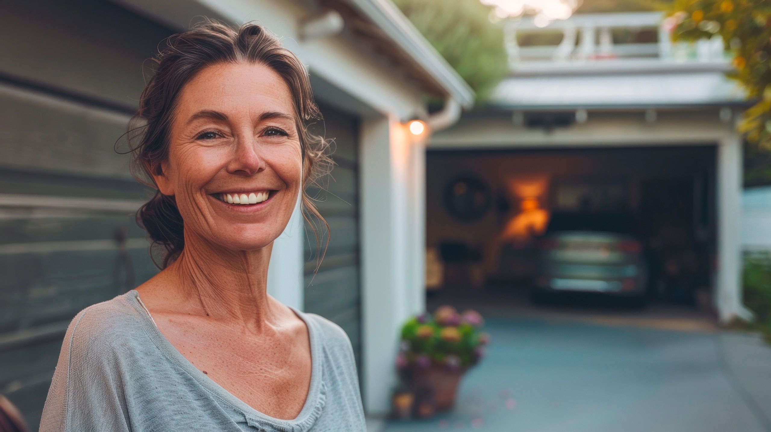 Heruntergeladen Eine lächelnde Frau steht vor einem Haus mit Garagentor. Sie trägt ein graues Oberteil und ist von einer Topfpflanze und einem Auto im Hintergrund umgeben.