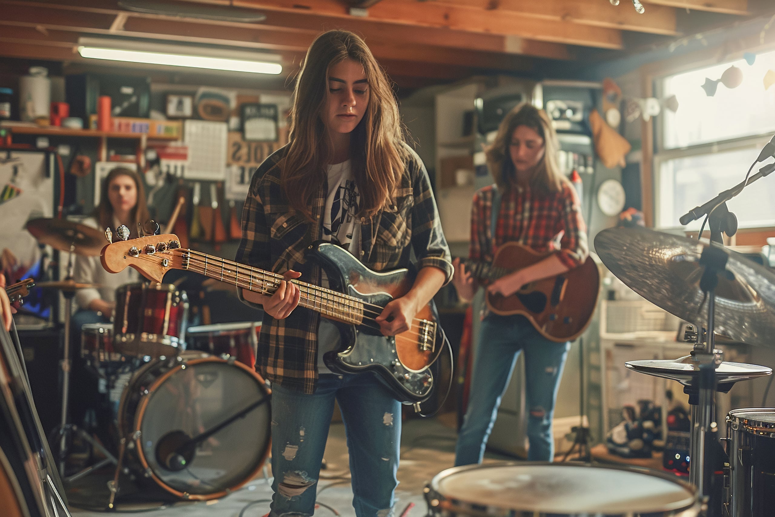 Junge Musiker übt in der Garage auf einer E-Gitarre mit seiner Band.