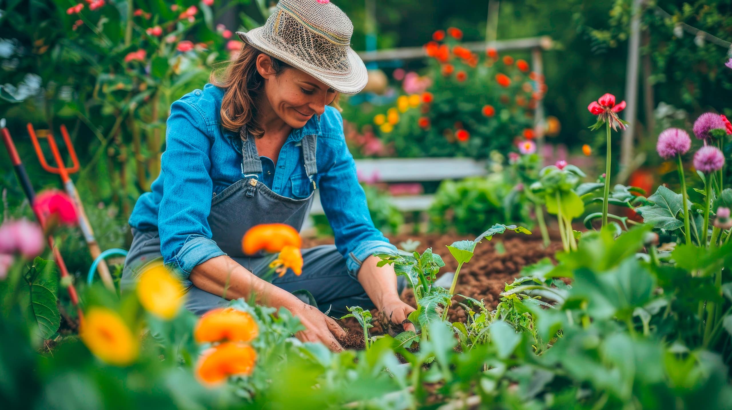 Im Garten beschäftigte Frau bzw. Gärtnerin, die sich um einen üppigen Gemüsegarten kümmert, Unkraut jätet und Pflanzen arrangiert, mit einer Kulisse aus blühenden Blumen und ordentlich angeordneten Gartengeräten.