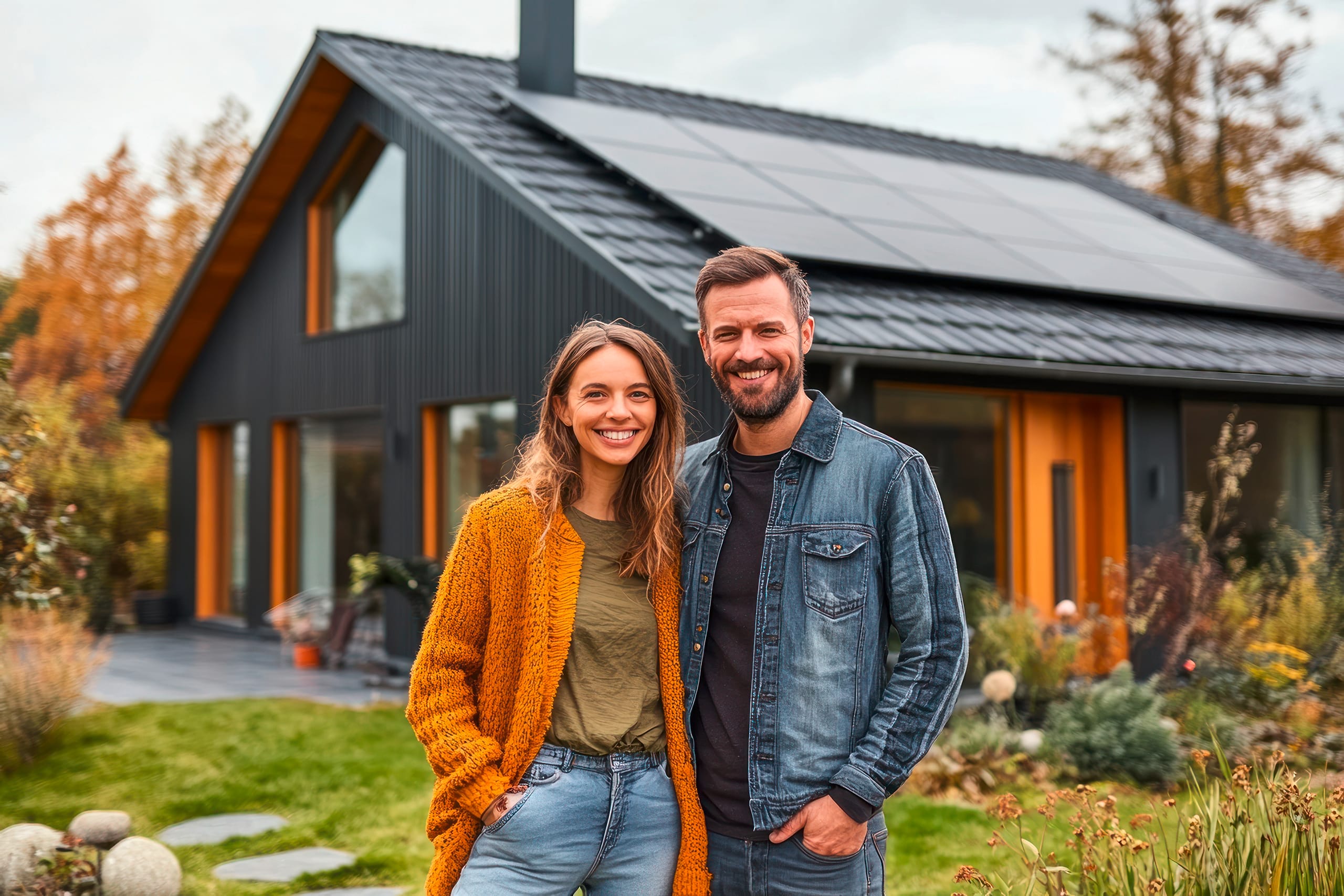 Glückliches, junges Paar im Vorgarten Ihres neuen Wohnhaus, welches schemenhaft im Hintergrund zu sehen ist.