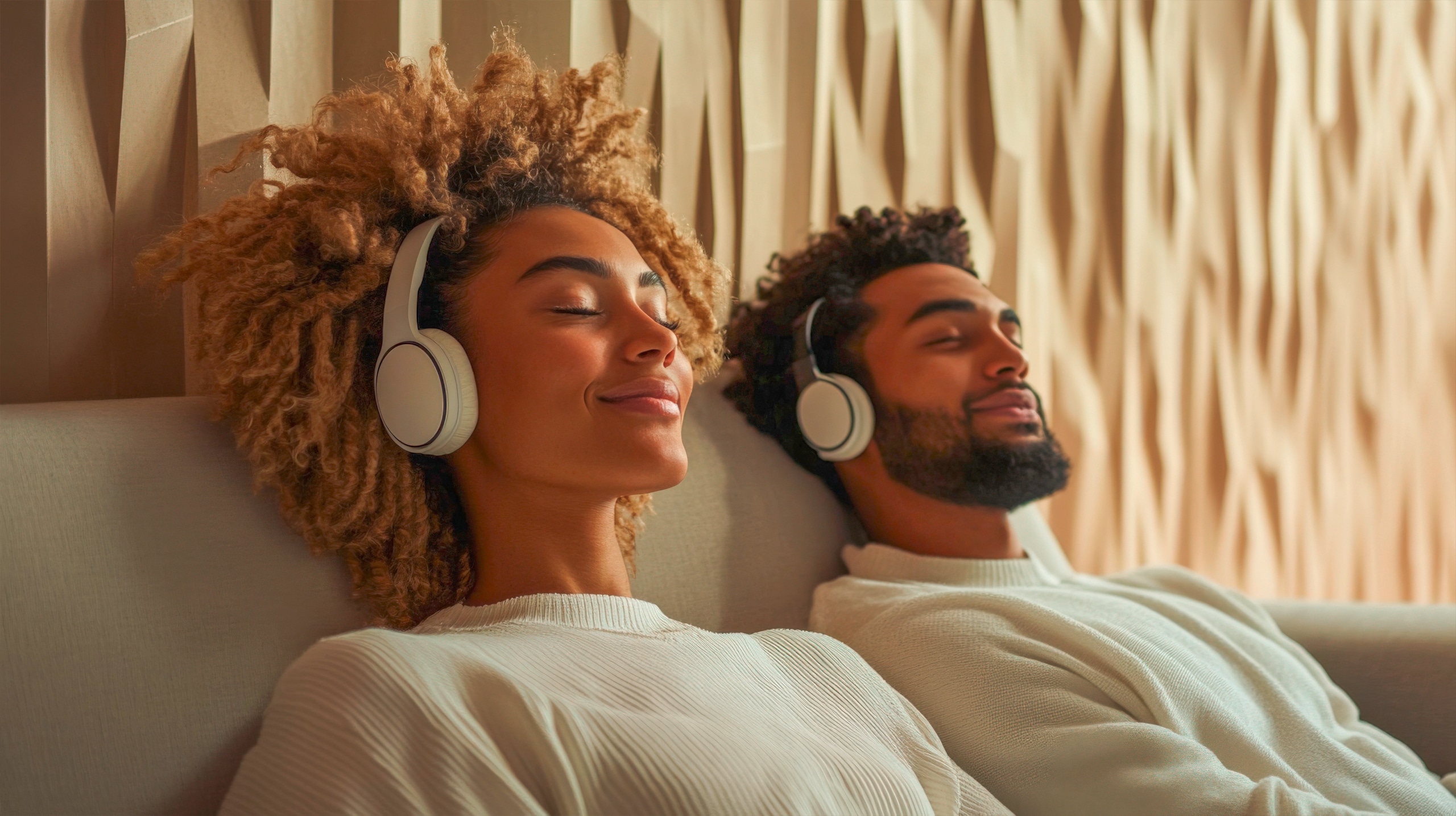 Junges Paar genießt Musik und entspannt sich auf einem Sofa in einem modernen Wohnzimmer mit strukturierten Wänden und gemütlicher Atmosphäre an einem ruhigen Nachmittag.