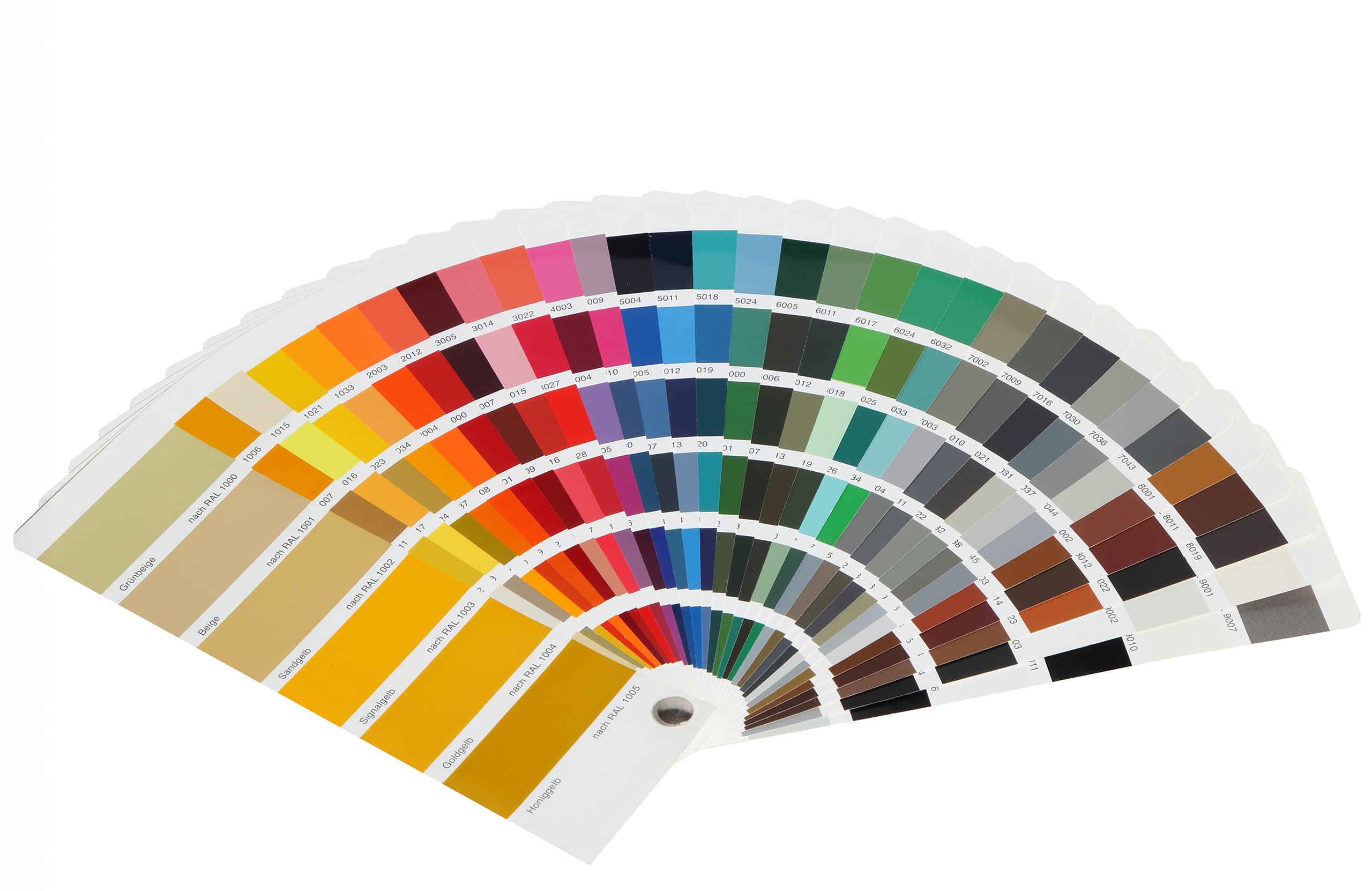 Ein ausgebreiteter RAL-Farbfächer in Halbkreisform.